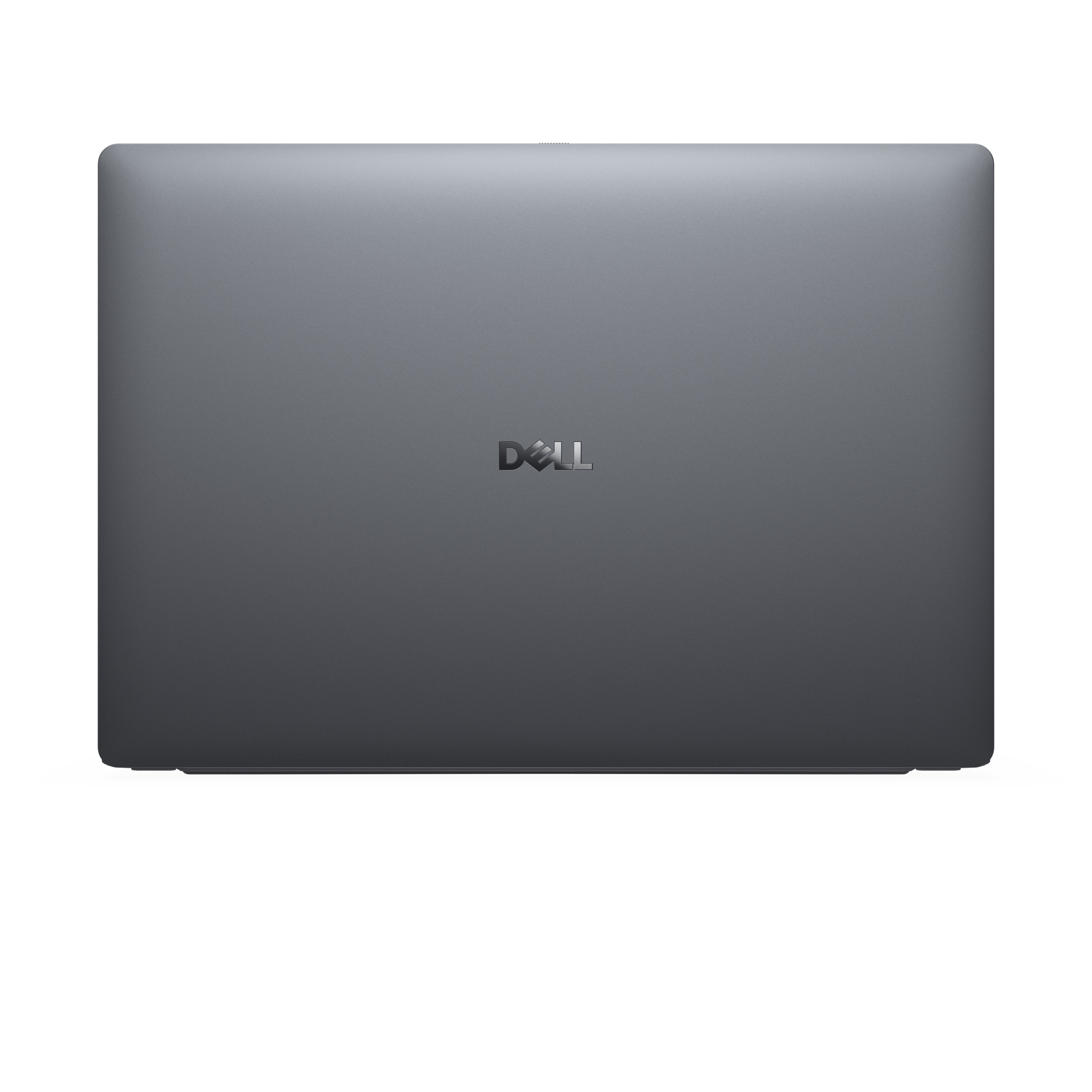 Ein geschlossener grauer Dell-Laptop. Das Dell-Logo ist zentriert. Der Hintergrund ist weiß.