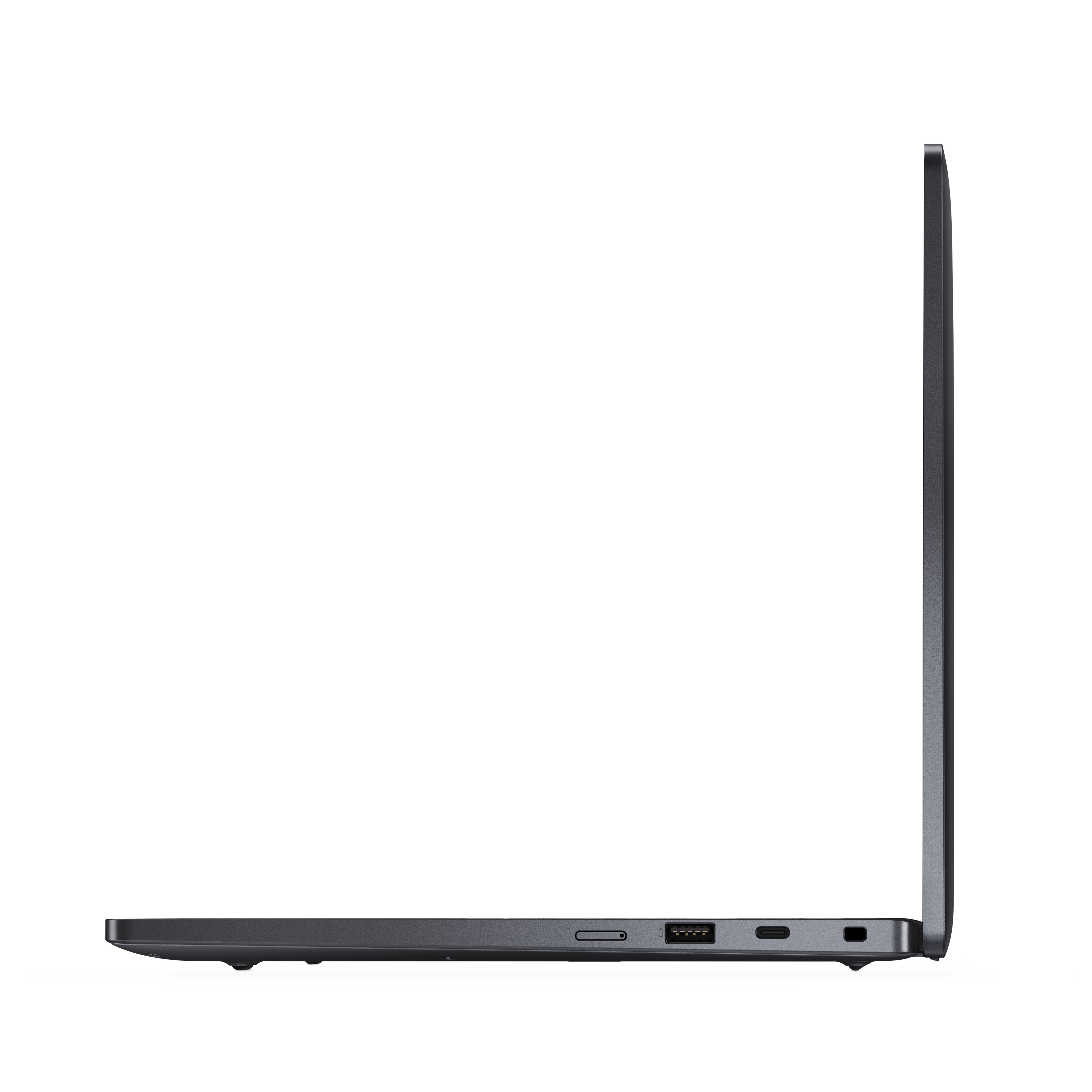 Seitenansicht eines dunkelgrauen Laptops. Der Bildschirm ist geschlossen. Anschlüsse und Kanten sind vor weißem Hintergrund sichtbar.