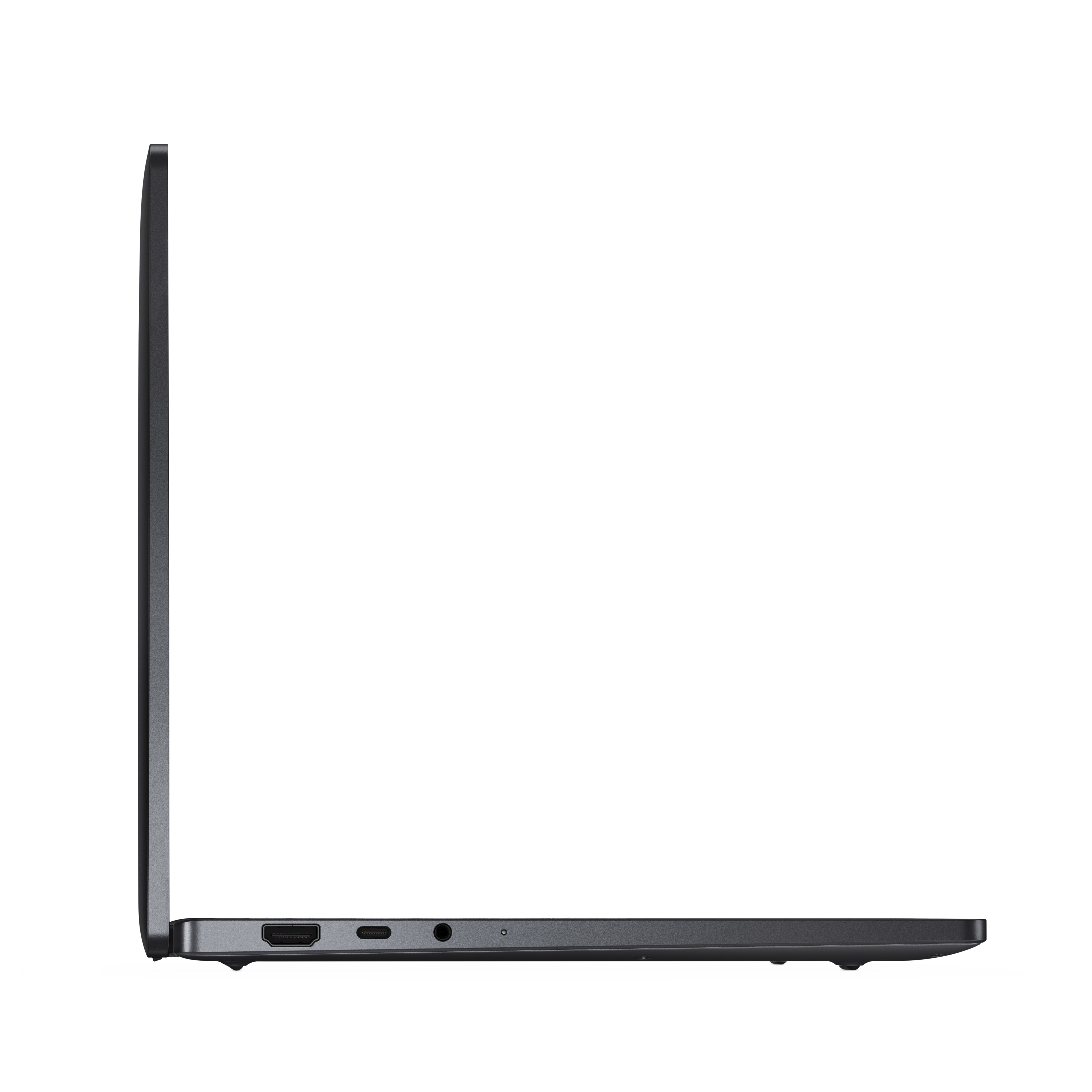 Seitenansicht eines dunkelgrauen Laptops. Der Bildschirm ist geschlossen. Anschlüsse sind an der Seite sichtbar.
