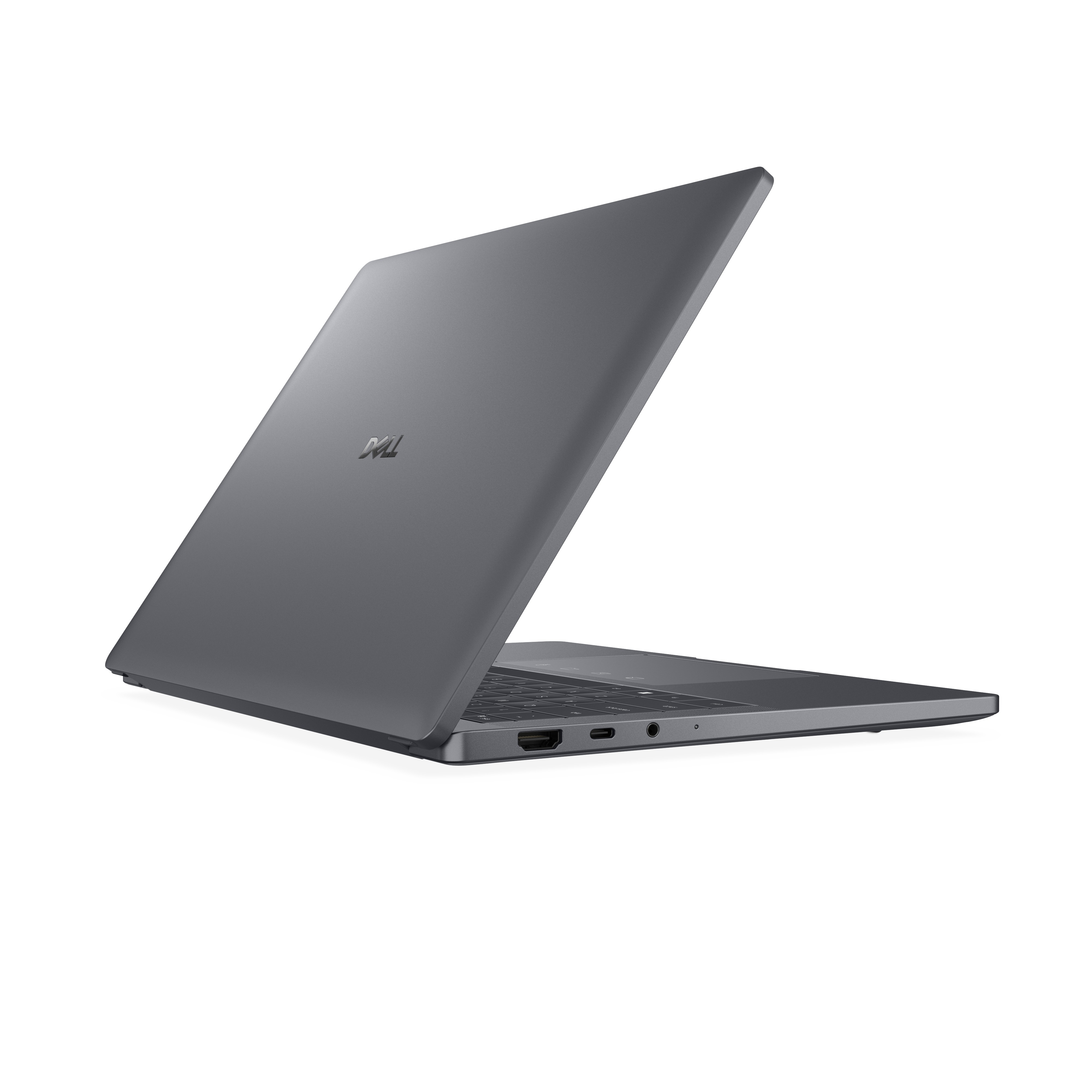 Ein grauer Dell-Laptop wird in einem Winkel gezeigt. Der Deckel ist geöffnet und zeigt die Tastatur und Anschlüsse.