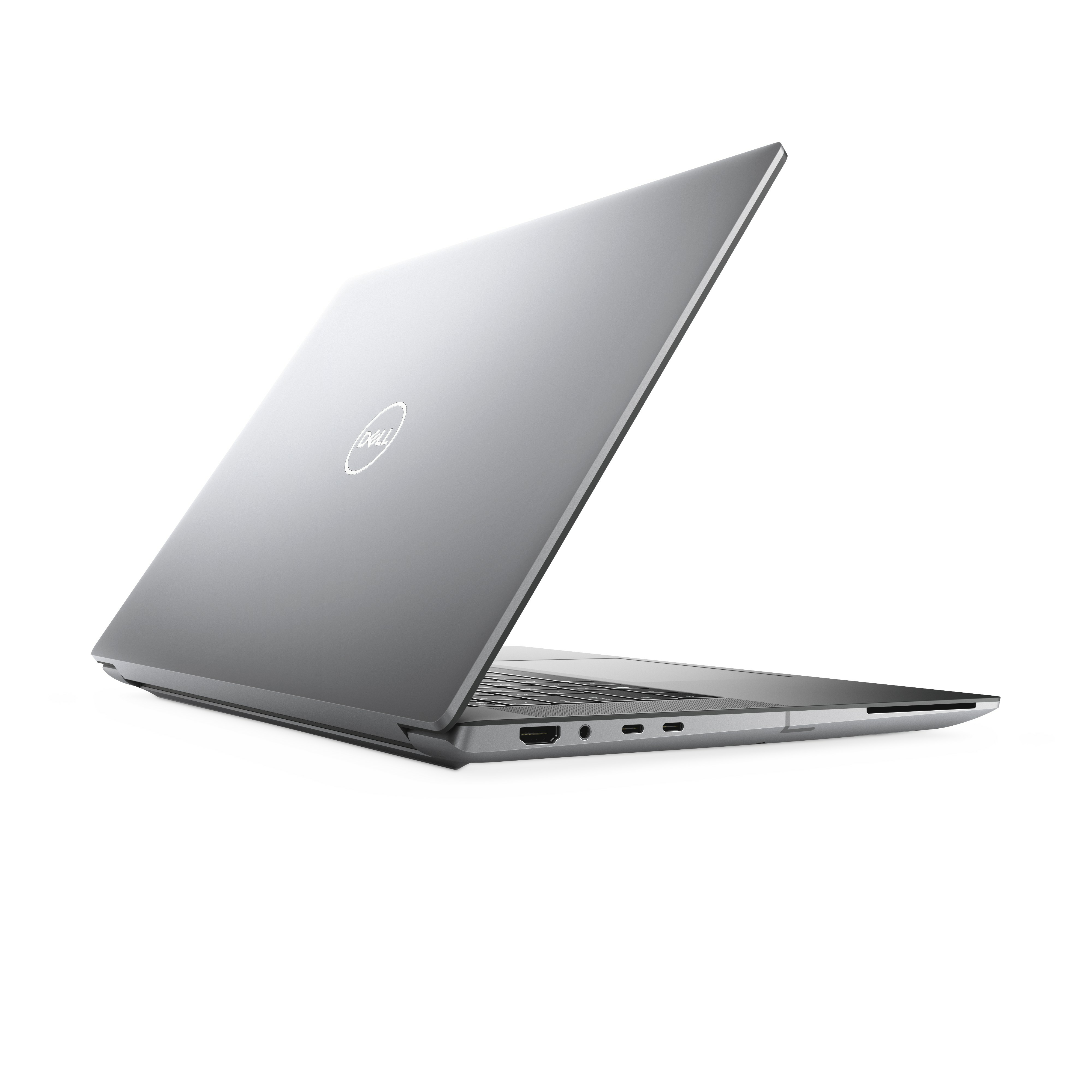 Ein silberner Laptop ist leicht geöffnet und zeigt das Dell-Logo. Der Hintergrund ist weiß.