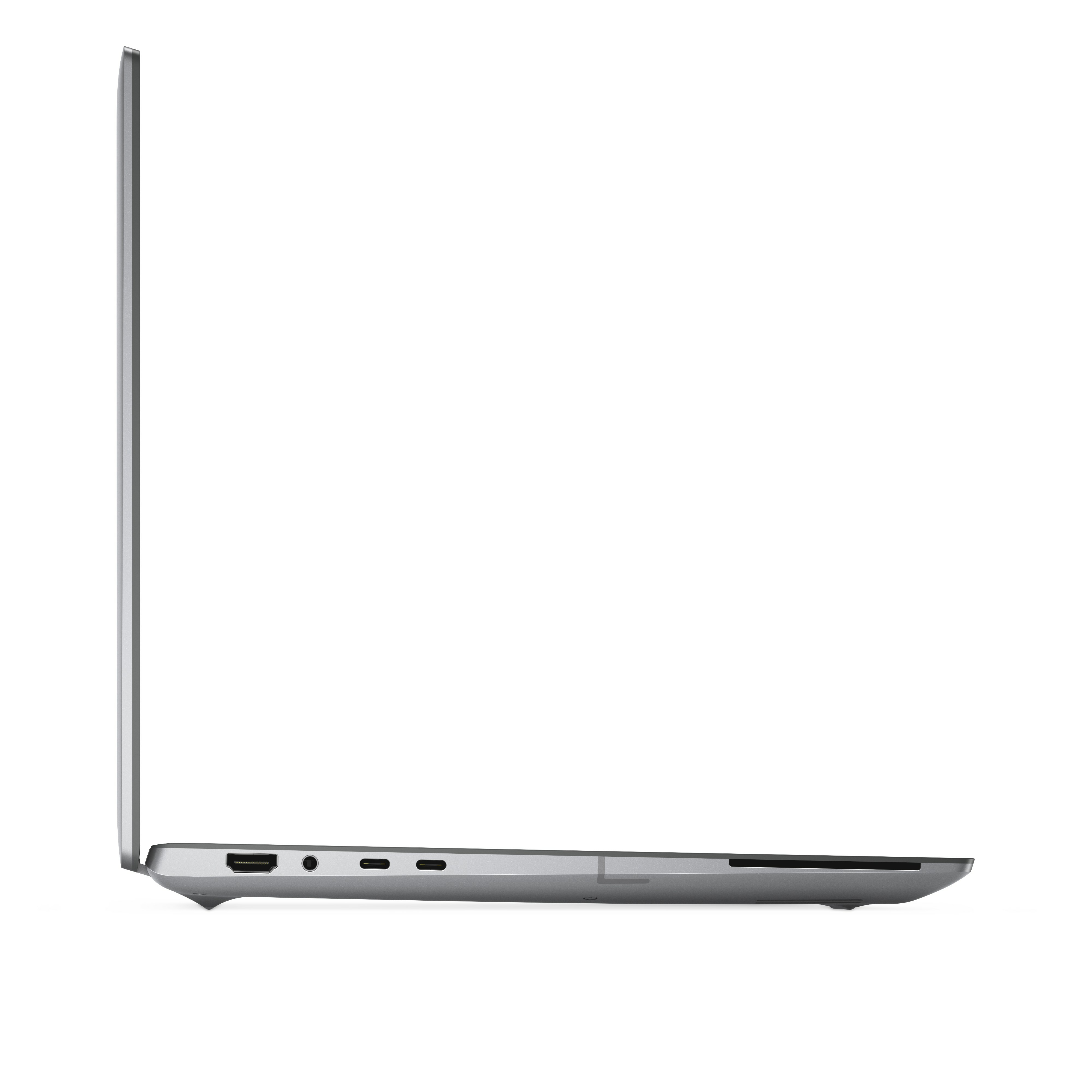 Seitenansicht eines silbernen Laptops, mit Seitenprofil, Anschlüssen und sauberem, weißem Hintergrund.