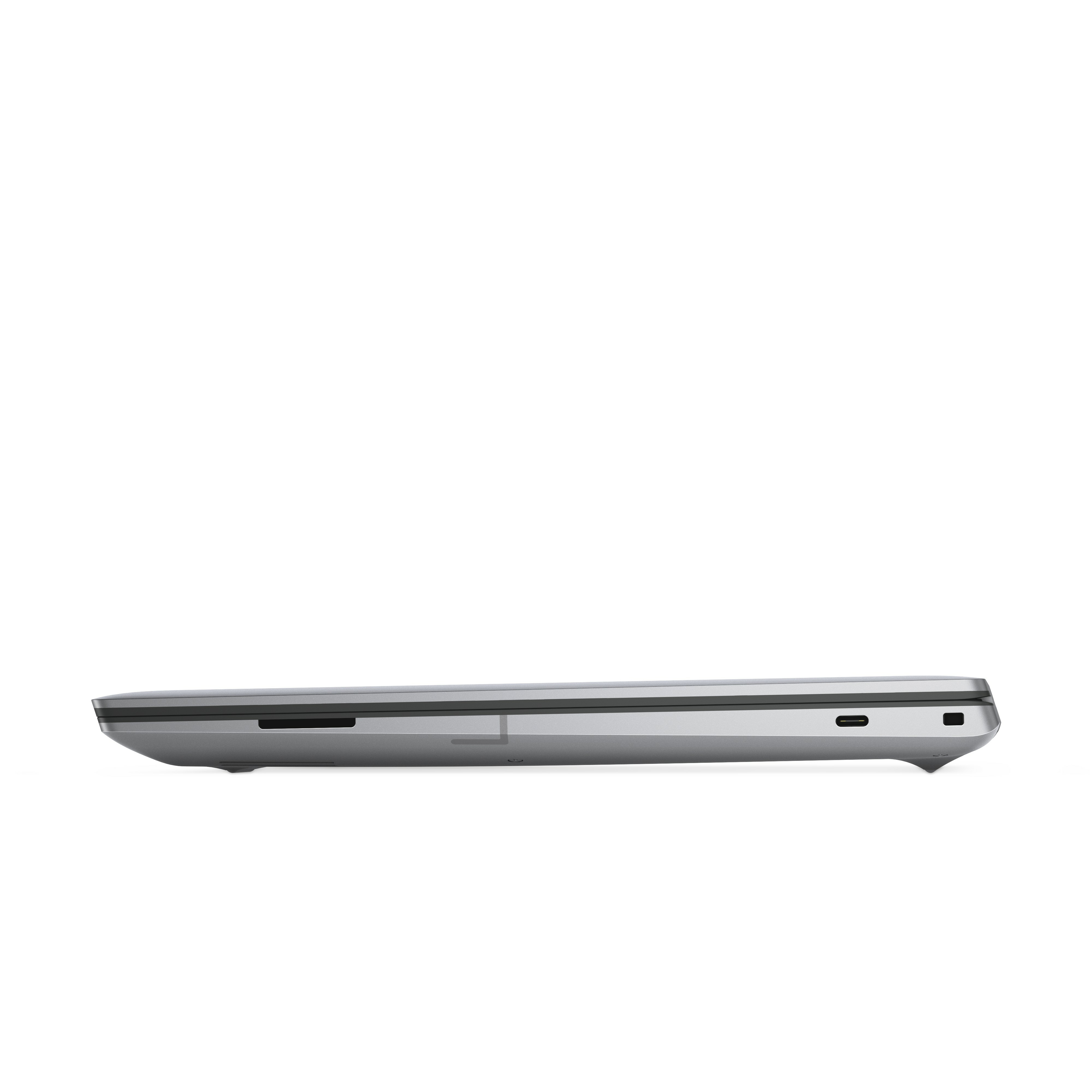 Seitenansicht eines silbernen Laptops. Anschlüsse an der Seite sichtbar. Weißer Hintergrund.