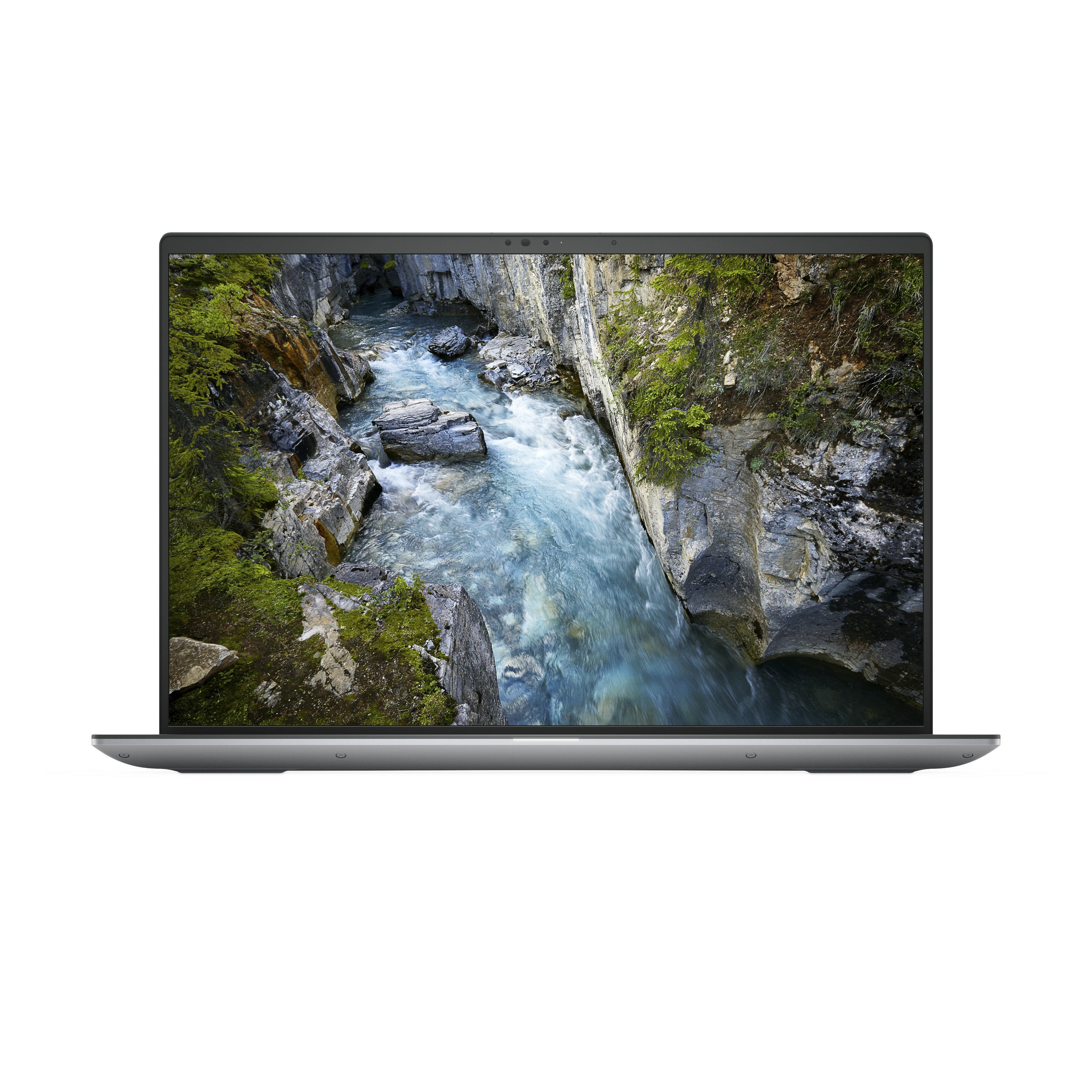 Laptop zeigt einen Fluss, der durch einen felsigen Canyon fließt, umgeben von grüner Vegetation und grauen Felsen.