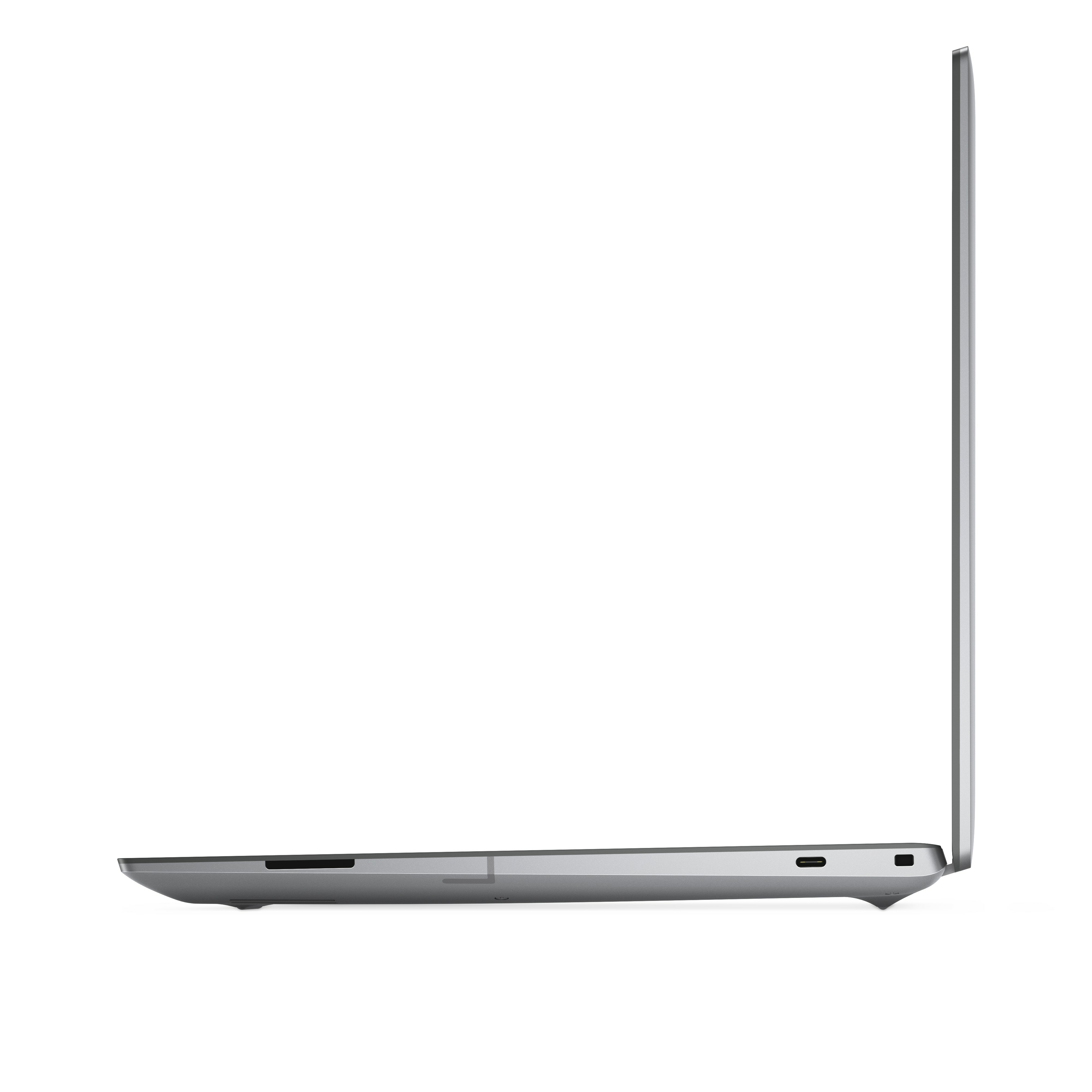 Seitenansicht eines silbernen Laptops auf weißem Hintergrund. Der Bildschirm ist geöffnet. Anschlüsse sind sichtbar.