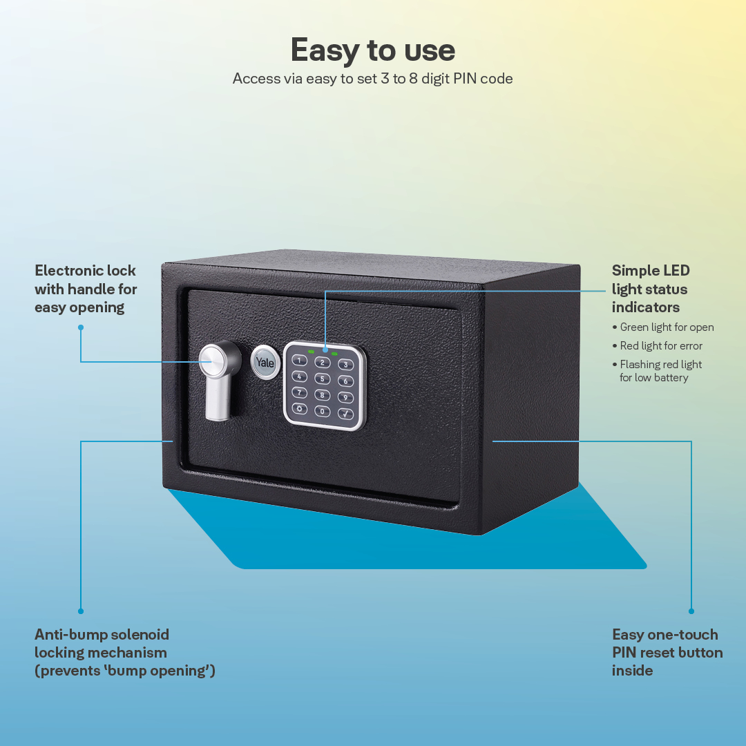 Ein schwarzer Safe mit Tastatur und Griff. Text hebt Funktionen wie elektronisches Schloss, LED-Anzeigen und Anti-Bump-Mechanismus hervor.