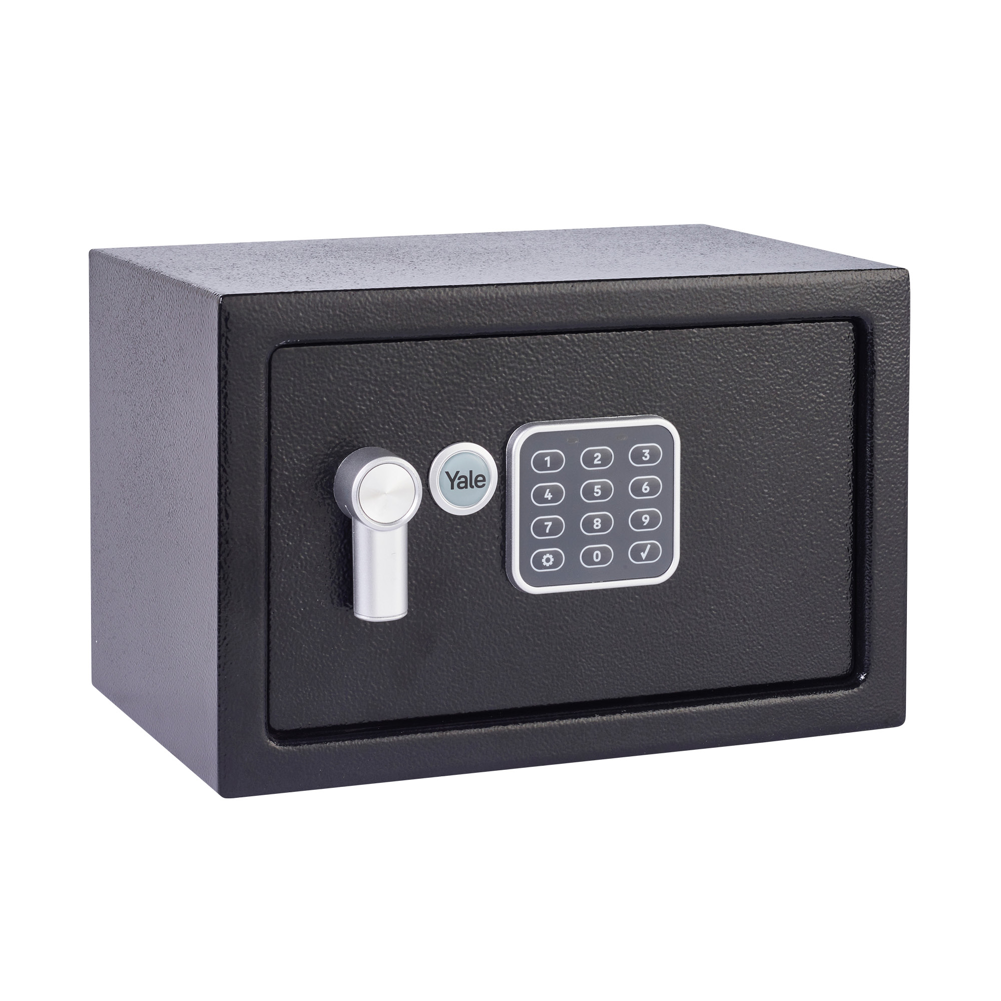 Schwarzer Yale-Safe. Er hat ein digitales Tastenfeld, einen Schlüsselschlitz und ein rundes Yale-Logo. Der Safe steht auf weißem Hintergrund.