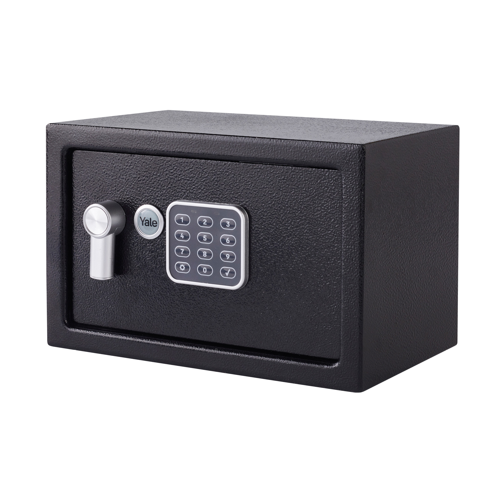 Ein schwarzer Yale-Safe mit digitaler Tastatur und silbernem Griff wird auf weißem Hintergrund angezeigt.