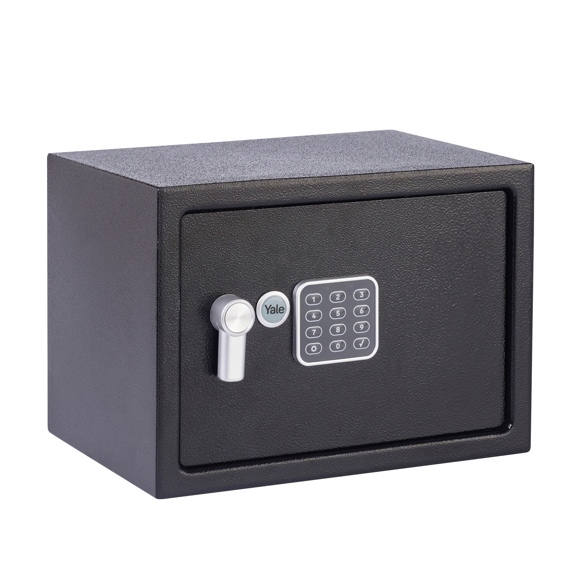 Ein schwarzer Safe mit Tastatur und Schlüsselloch. Das Yale-Logo ist sichtbar. Der Safe befindet sich auf weißem Hintergrund.