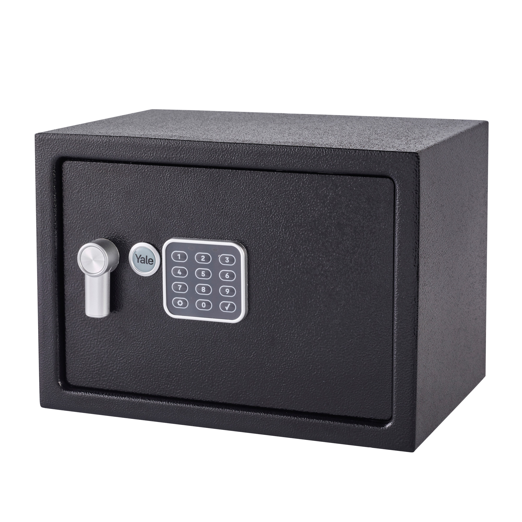 Schwarzer Yale-Safe mit Tastatur und Schlüsseleingang. Mit silbernem Griff und Yale-Logo. Isoliert auf weißem Hintergrund.