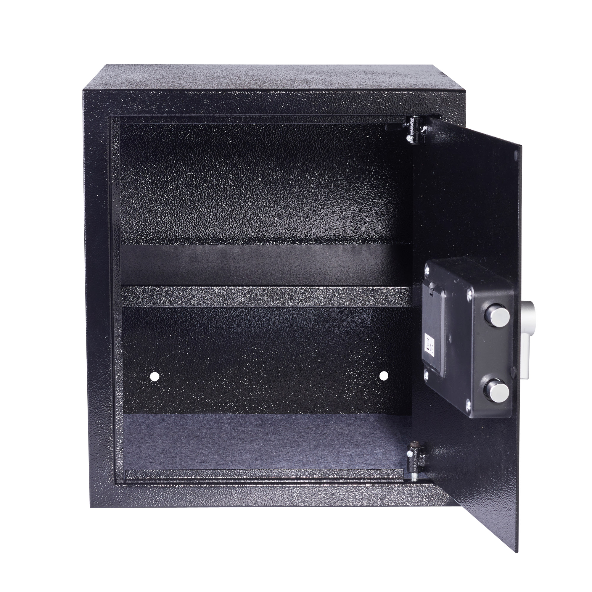 Schwarzer Safe mit offener Tür. Sichtbarer Innenraum, Regal und Verriegelungsmechanismus.