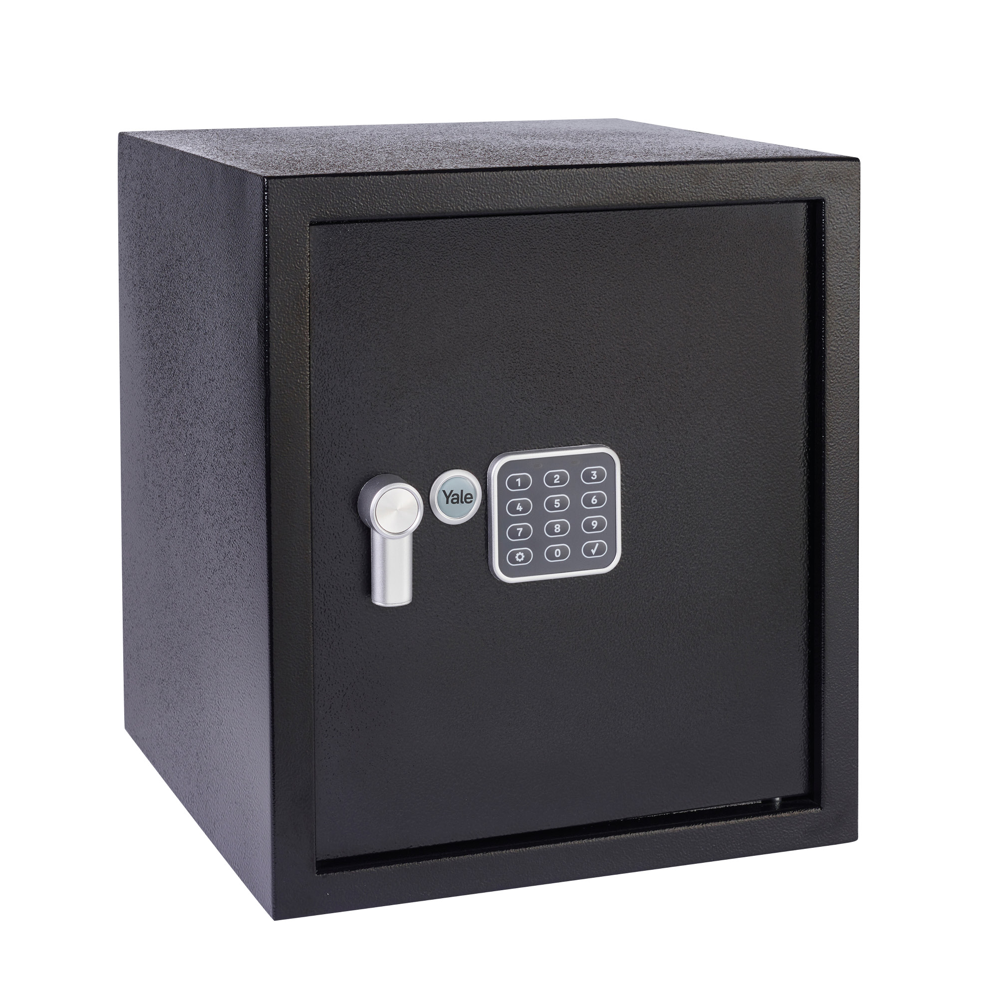 Ein schwarzer Yale-Safe mit Tastatur und Schlüsselloch. Der Hintergrund ist weiß.