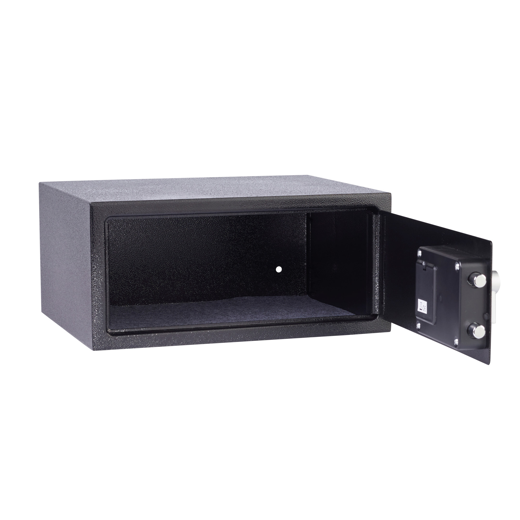 Ein offener schwarzer Safe mit silbernem Griff. Die Tür steht einen Spalt offen und gibt den Innenraum frei.