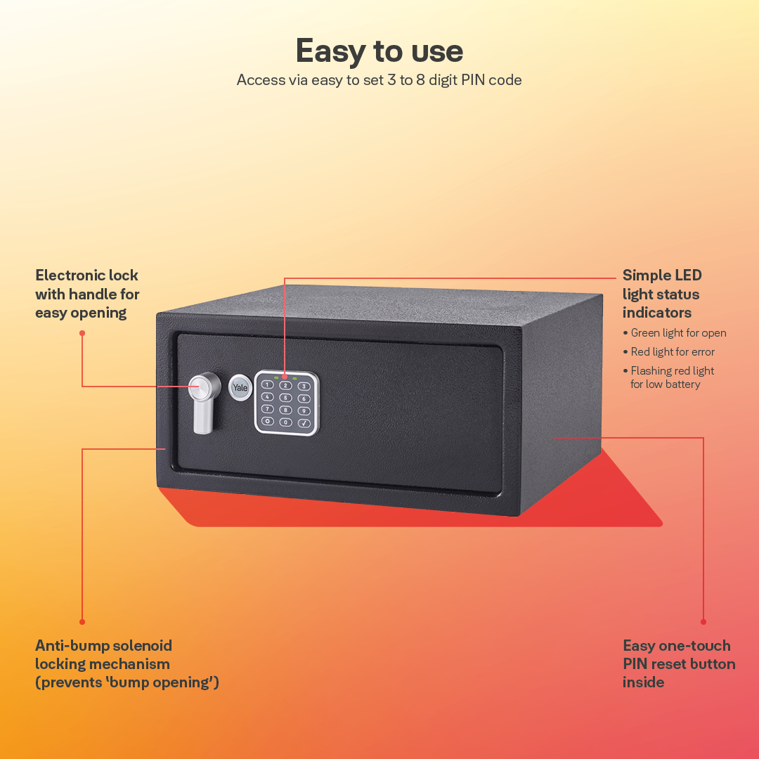 Ein schwarzer Safe mit Tastatur, Griff und LED-Anzeigen. Text hebt Funktionen wie einfache Bedienung und Anti-Bump-Mechanismus hervor.
