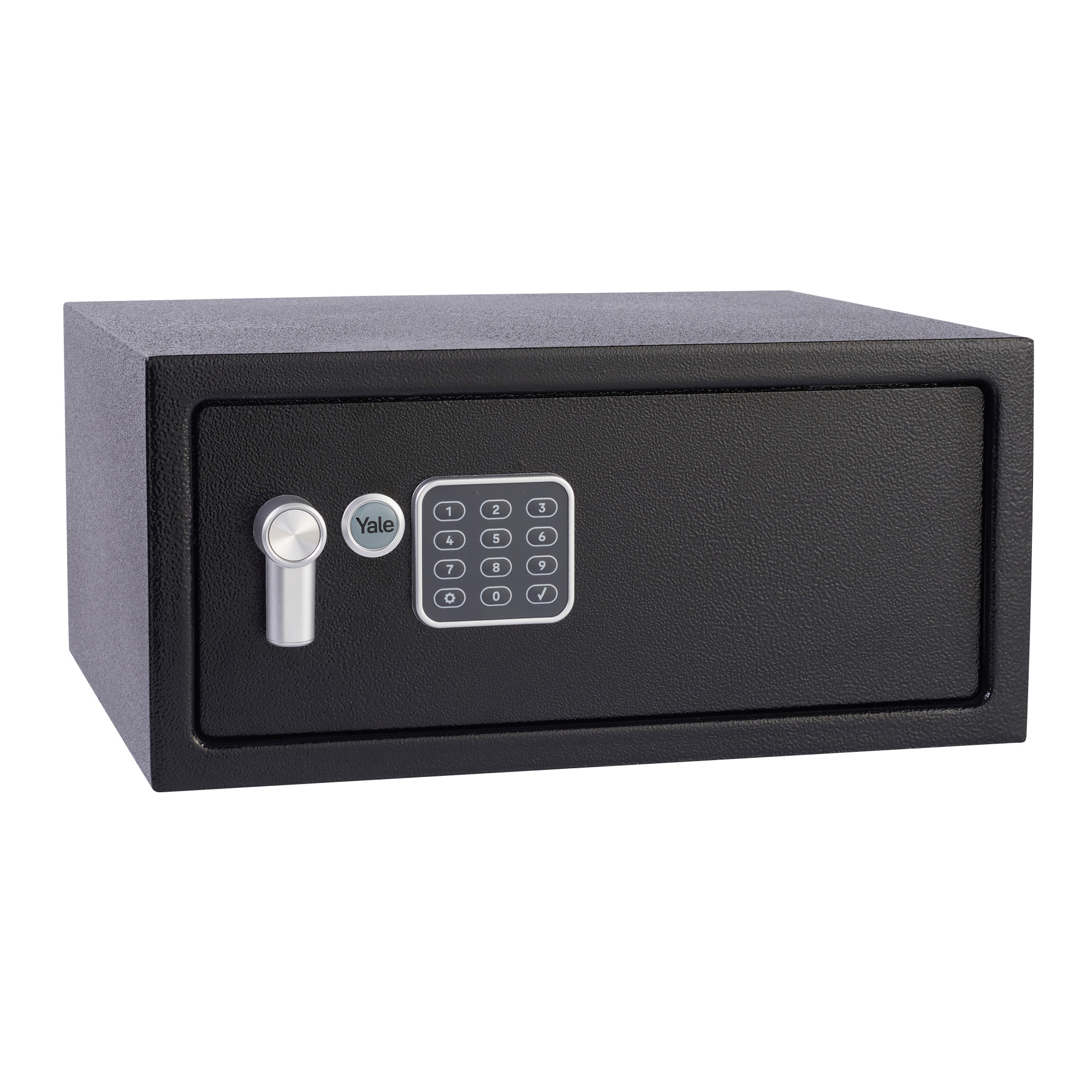 Ein schwarzer Yale-Safe mit Tastatur, silberfarbenem Griff und Yale-Logo. Der Safe steht vor weißem Hintergrund.