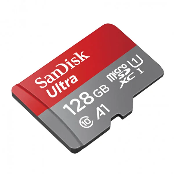 Kırmızı ve gri bir SanDisk Ultra 128GB Micro SD kartı. Marka adı, depolama kapasitesi ve diğer teknik özellikler dahil.