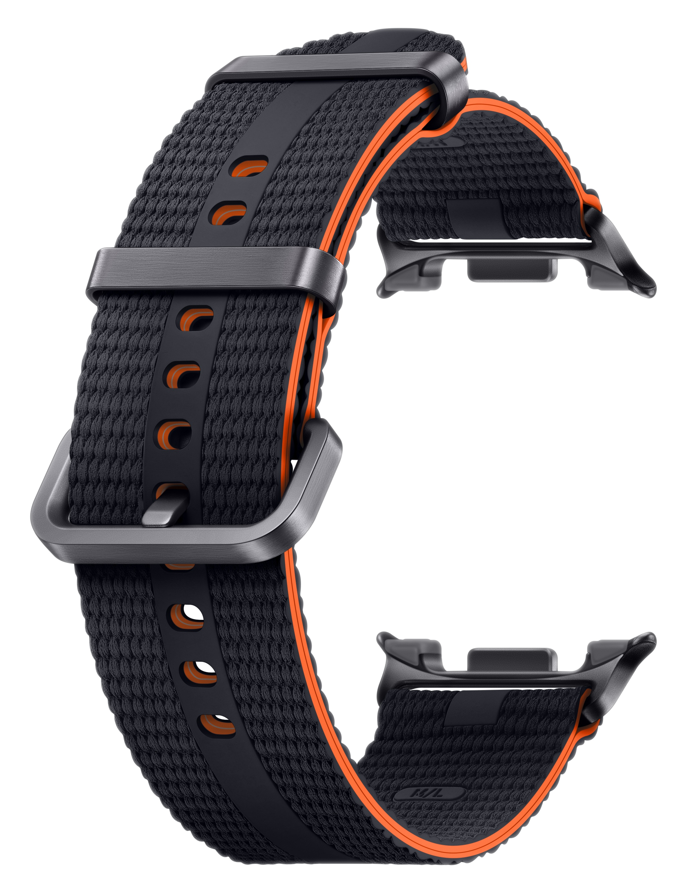 Czarny pasek do zegarka z pomarańczowymi akcentami, metalową klamrą i złączami. Teksturowana tkanina. Ciemne tło.