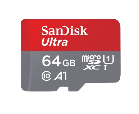 Bir Sandisk Ultra 64GB Micro SD kartı. Kırmızı üst kısım ve beyaz yazılı gri alt kısım vardır. Kart siyah bir arka plan üzerinde.