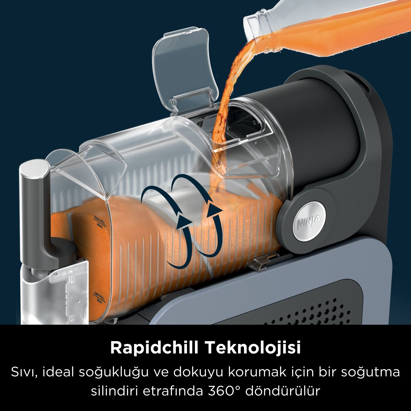 Turuncu sıvı bir Ninja cihazına dökülüyor. Cihazın içinde turuncu bir madde bulunan şeffaf bir kabı var.