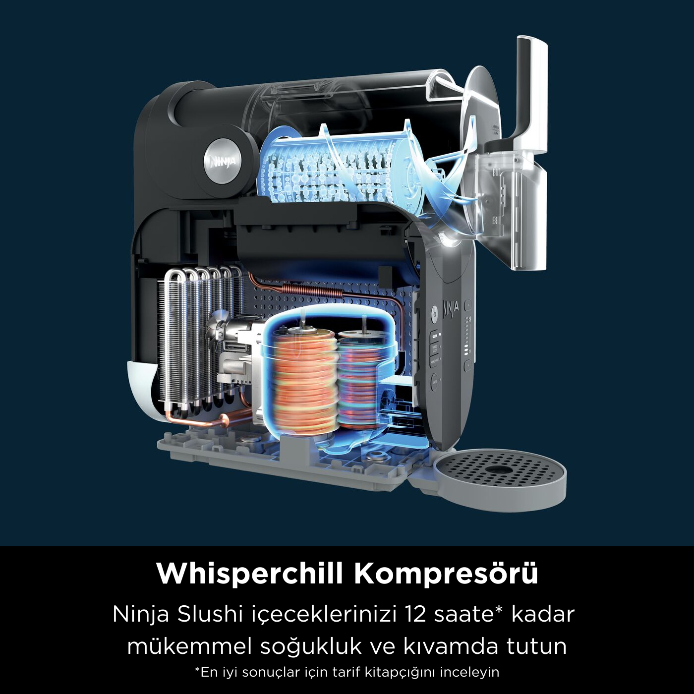 Siyah bir Ninja slushie makinesinin kesit diyagramı. Soğutma sistemi ve üst üste dizilmiş turuncu kaplar gibi iç bileşenleri gösterir.