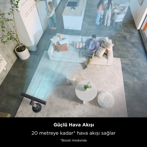 İnsanlarla dolu bir oturma odasının yukarıdan görünümü. Bir adam kanepede dizüstü bilgisayar kullanıyor. Önde bir vantilatör. Altta metin.
