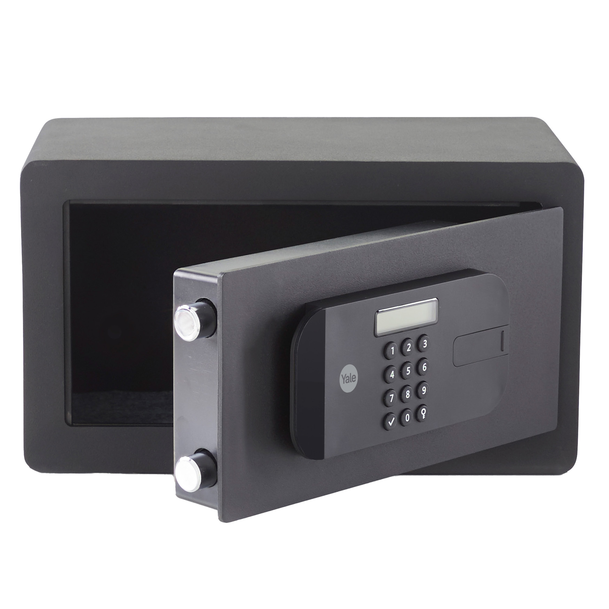 Ein offener schwarzer Safe mit digitaler Tastatur. Die Tür steht einen Spalt offen. Das Yale-Logo ist sichtbar.