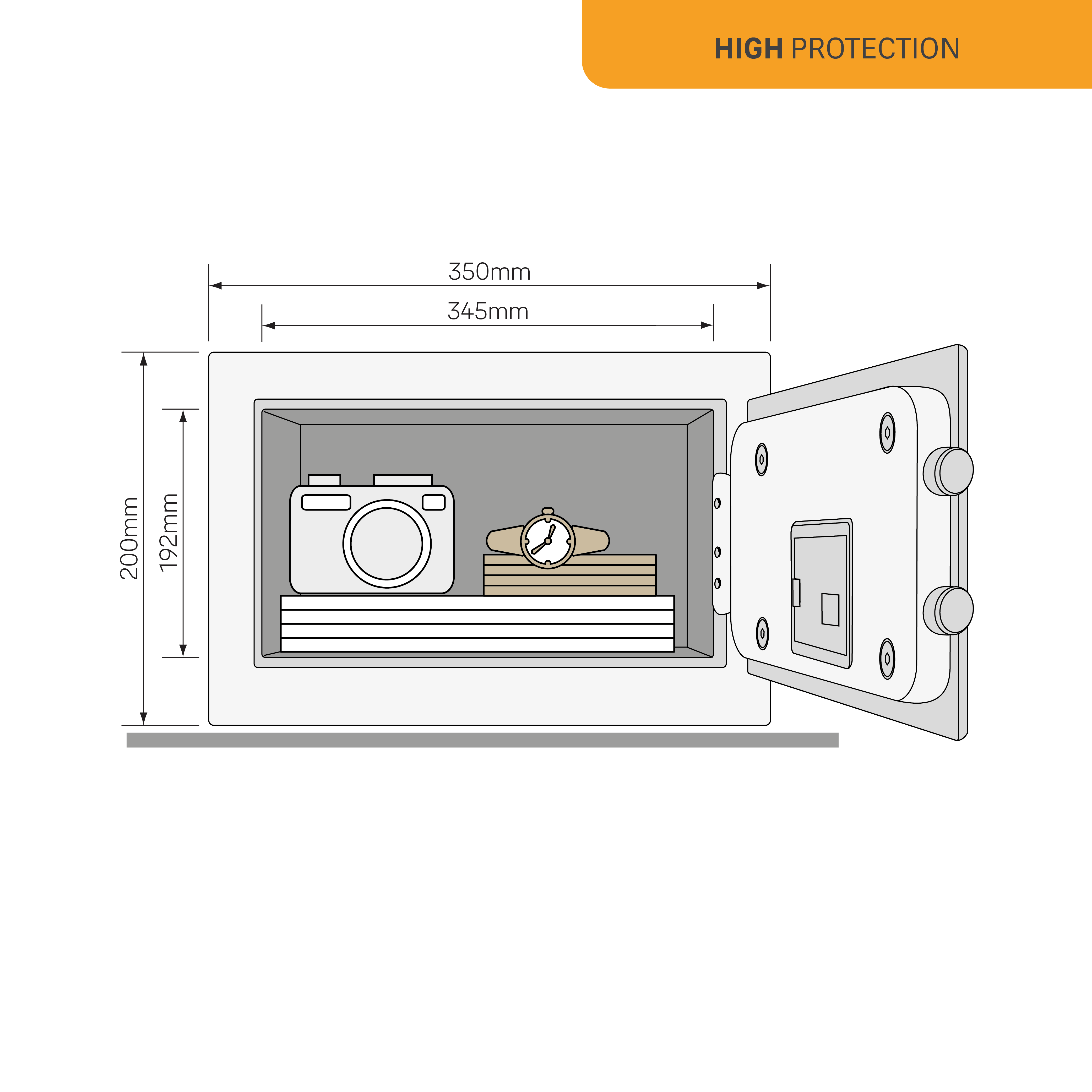 Ein offener Tresor zeigt eine Kamera, eine Uhr und Papiere. Abmessungen sind beschriftet. Der Text 'HIGH PROTECTION' erscheint oben.
