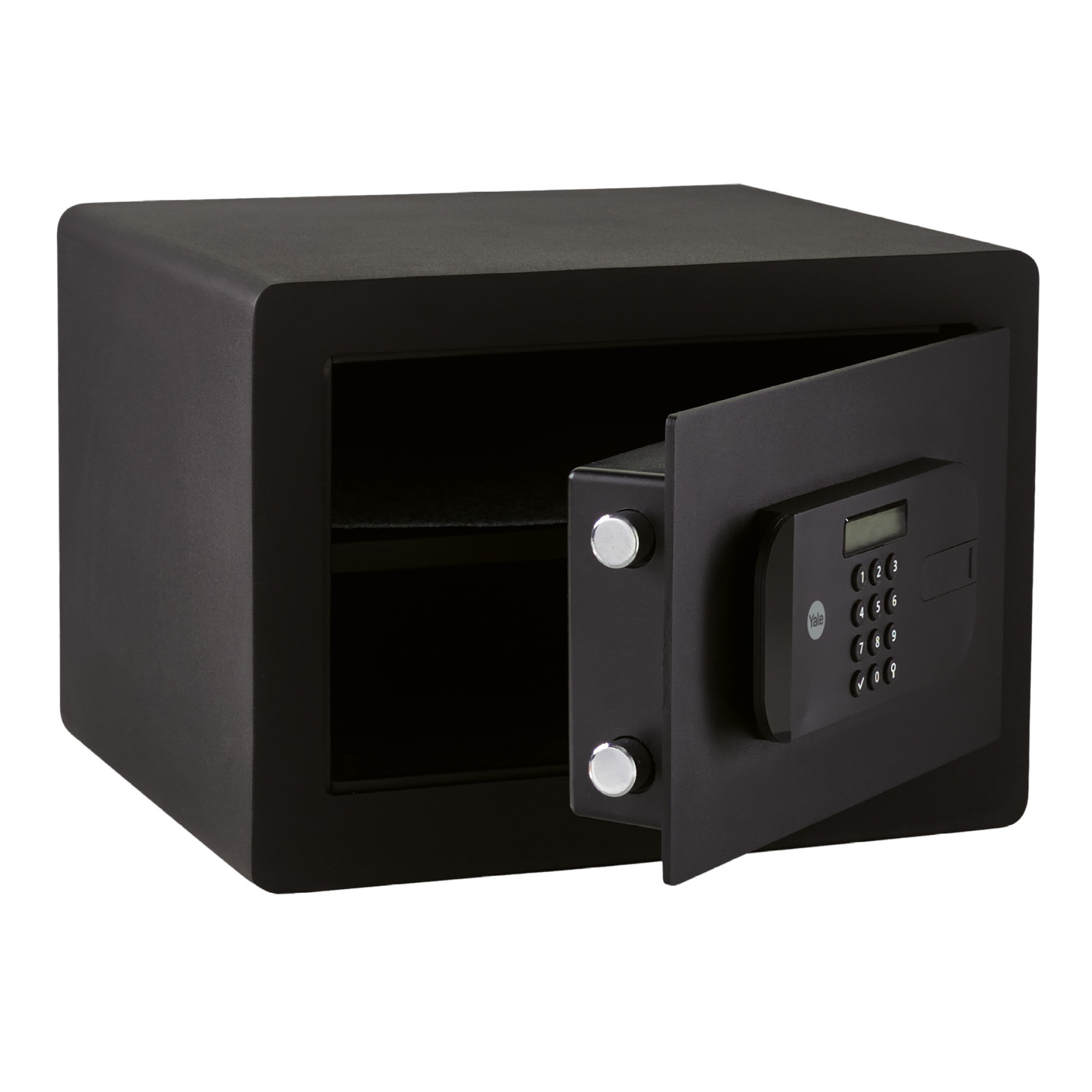 Ein schwarzer Safe, teilweise geöffnet, zeigt ein Innenregal und eine digitale Tastatur. Die Tür hat zwei silberne Knöpfe.