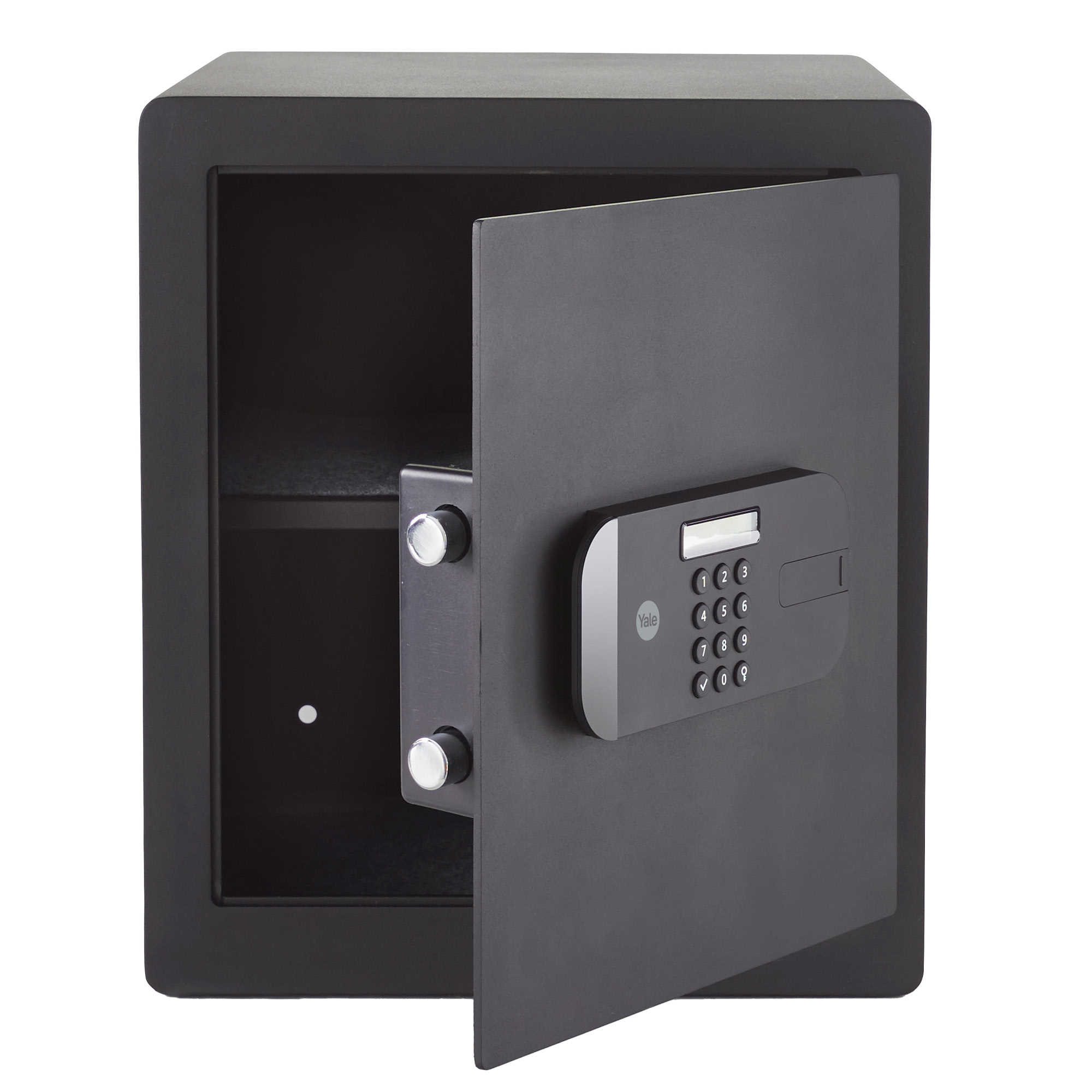 Ein schwarzer, offener Safe mit digitaler Tastatur. Die Tür steht einen Spalt offen und gibt den Innenraum frei.