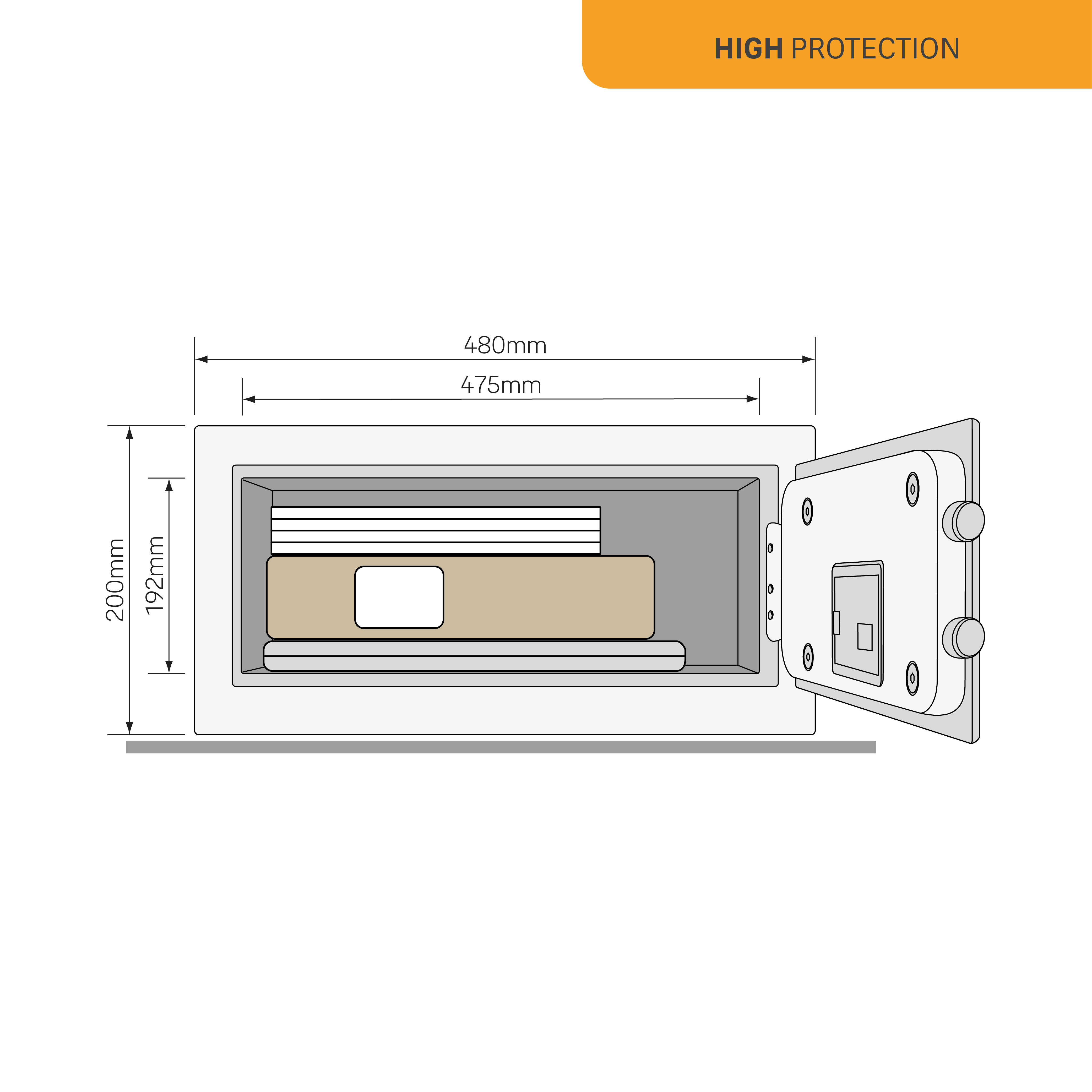 Ein offener Safe zeigt das Innere mit Kartons, Abmessungen und den Worten 'HIGH PROTECTION'.