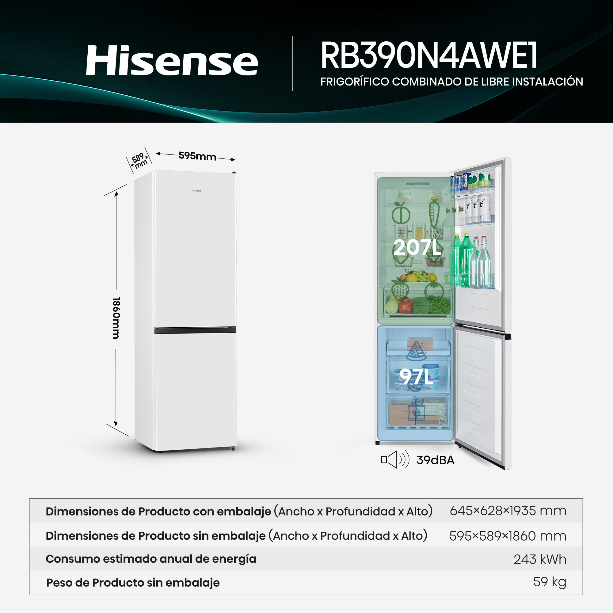 Un refrigerador Hisense blanco con dimensiones y detalles de capacidad. La puerta abierta muestra comida. Texto con número de modelo.