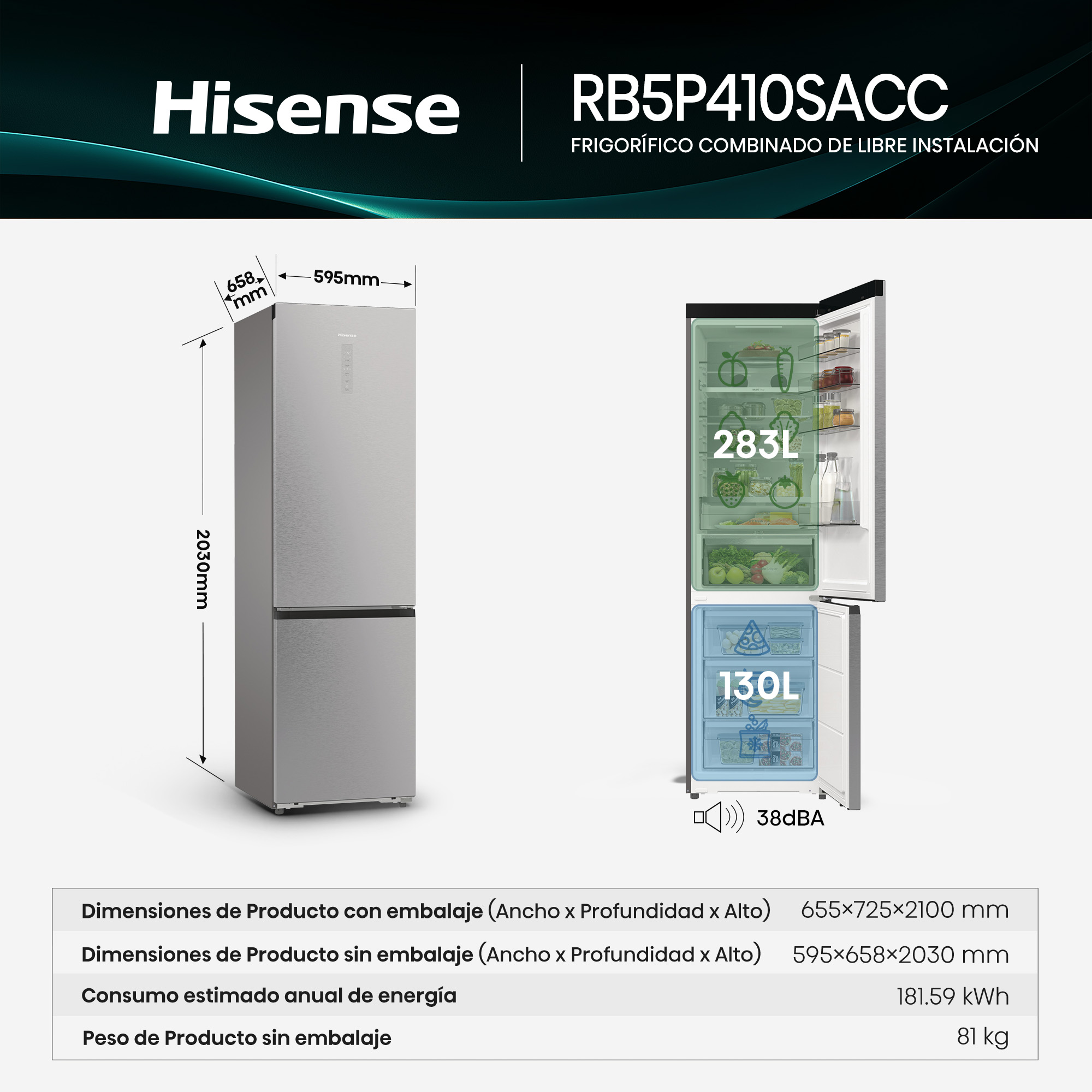 Refrigerador Hisense con puerta abierta. Muestra dimensiones, capacidad y consumo energético.