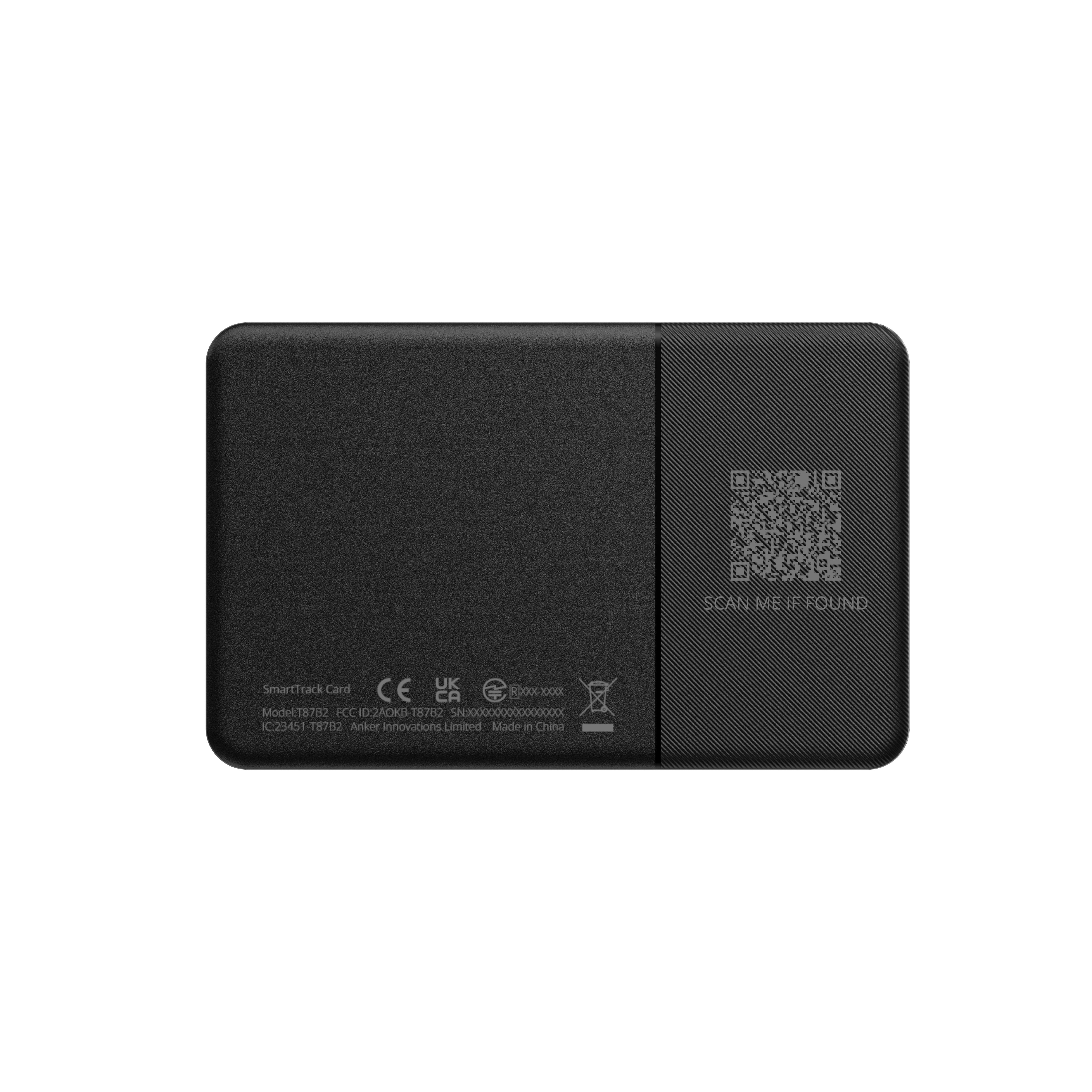 Schwarze SmartTrack-Karte. Enthält einen QR-Code, Text und regulatorische Symbole auf weißem Hintergrund.