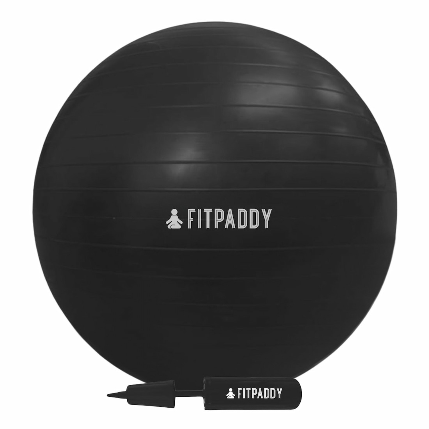 Palla da ginnastica nera con il marchio "FITPADDY". Una pompa d'aria è in basso. Lo sfondo è bianco.