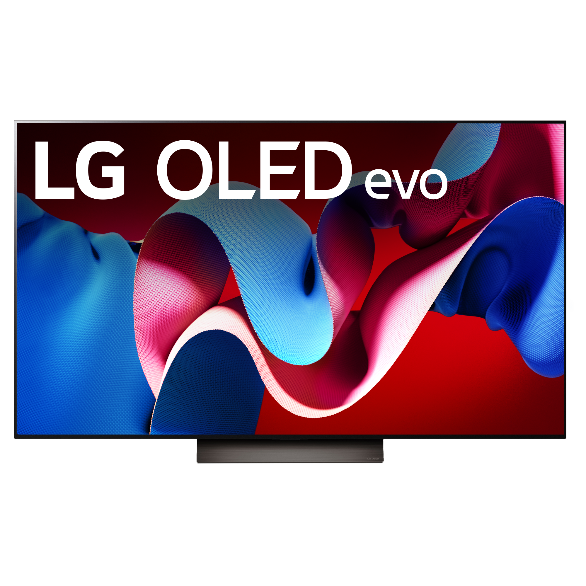 TV LG OLED evo. La pantalla presenta un diseño abstracto y colorido en rojo, azul y blanco con el texto 'LG OLED evo'.