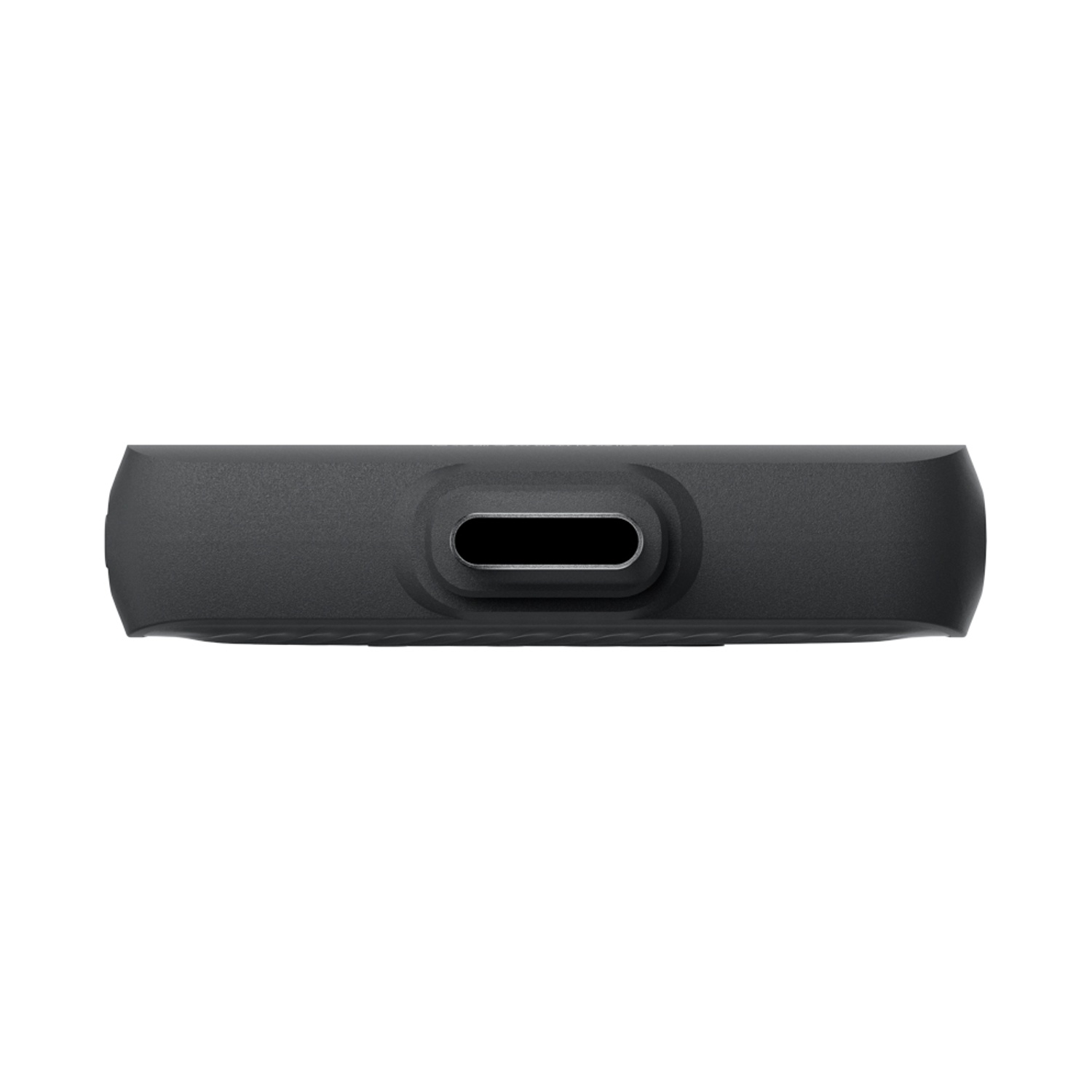 Un primo piano di un dispositivo rettangolare grigio scuro con una porta USB-C. Il dispositivo è su sfondo bianco.
