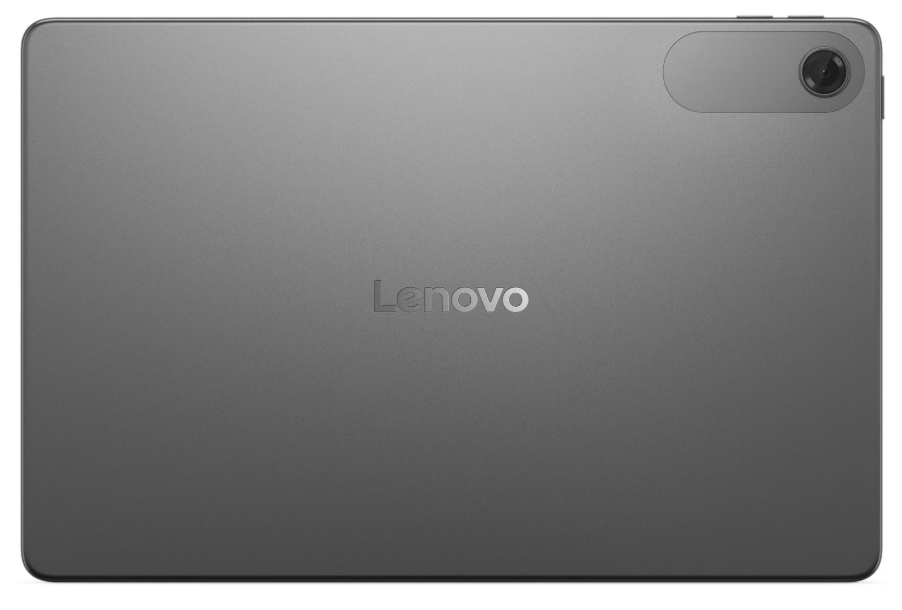 Graue Lenovo Tablet-Rückseite. Es hat eine Kamera, und das Lenovo-Logo befindet sich in der Mitte.