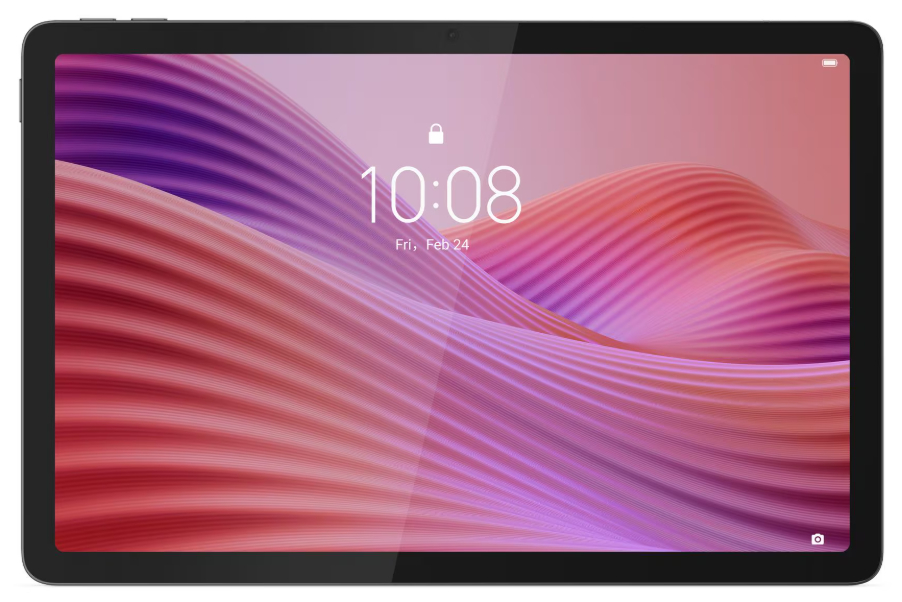 Ein Tablet zeigt einen Sperrbildschirm mit der Uhrzeit 10:08 und dem Datum 24. Februar. Der Bildschirm zeigt abstrakte, wellenförmige, rote und lila Farben.