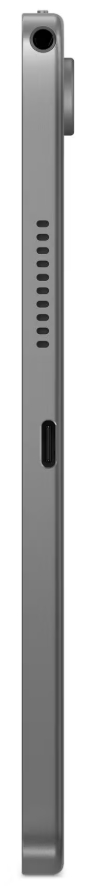 Die Seite eines grauen Tablets ist abgebildet. Es hat einen Kopfhöreranschluss, einen Ein-/Ausschalter, Lüftungsschlitze und einen USB-C-Anschluss.
