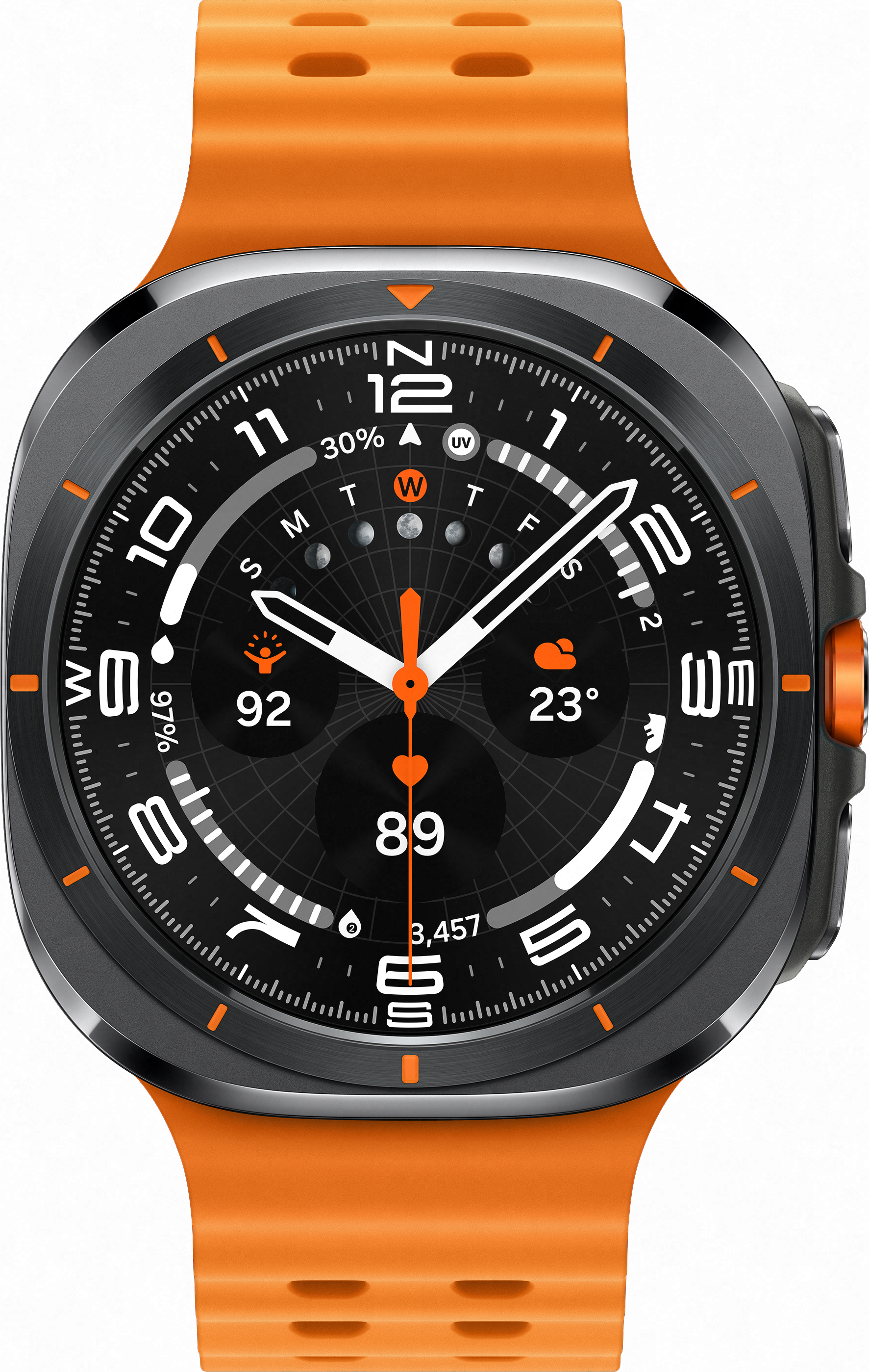 Montre connectée avec bracelet orange et cadran noir. Affiche l'heure, la date, les pas et la température.
