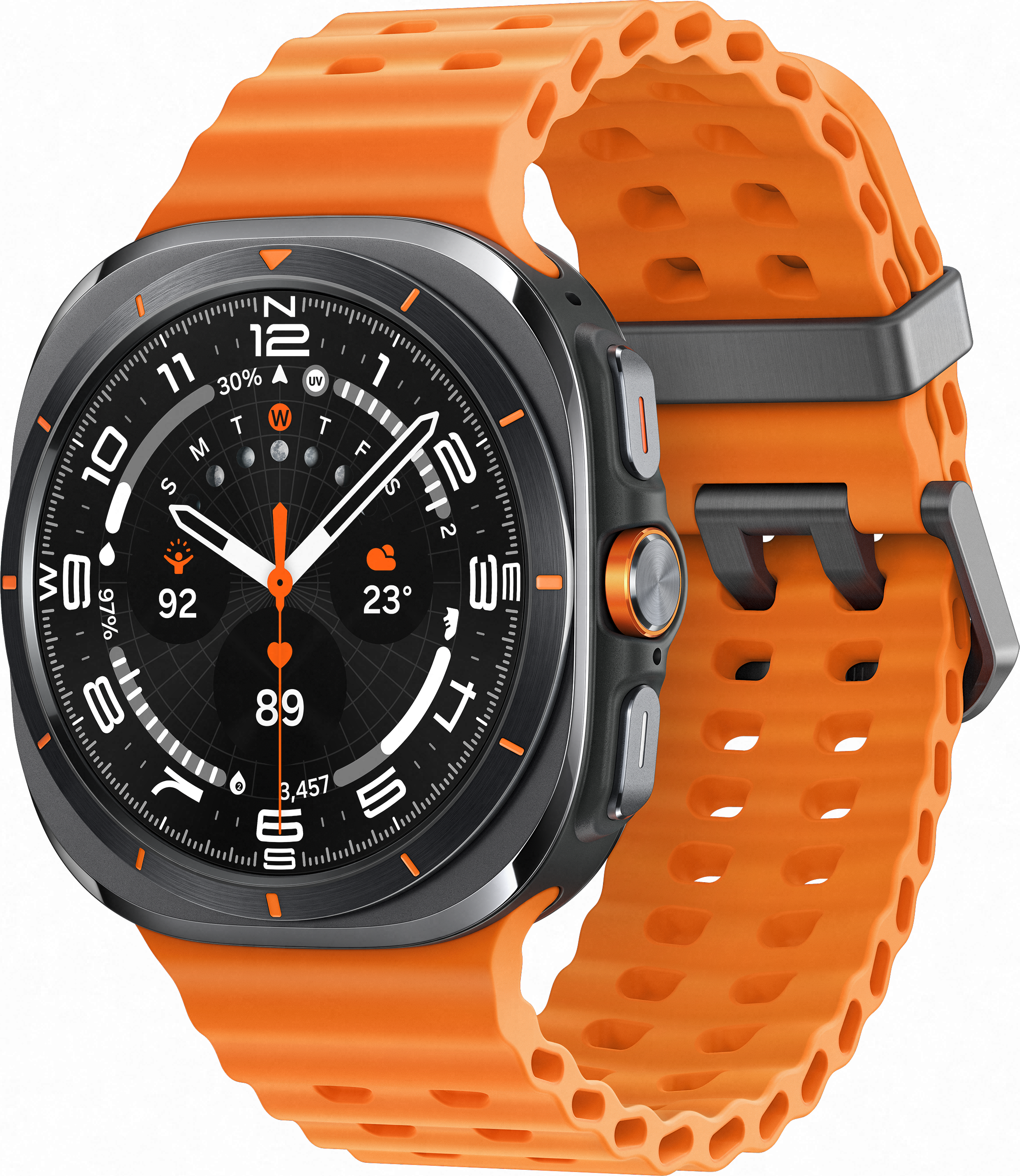 Une montre connectée orange avec un cadran noir et un bracelet orange. La montre affiche des données et l'heure.