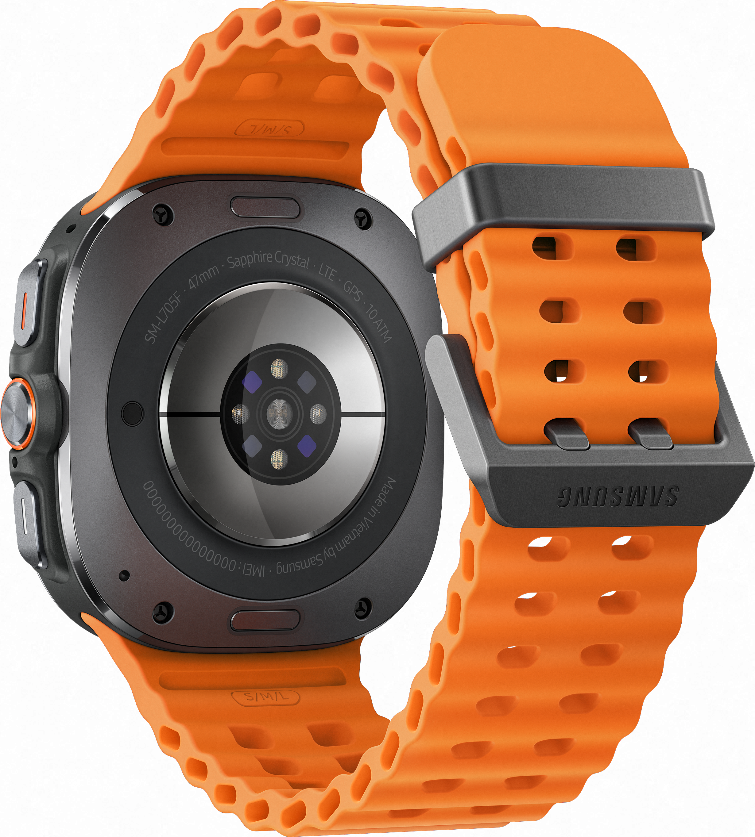 Gros plan d'une montre intelligente noire avec bracelet orange. Détails: 'SAMSUNG' et 'Made in Vietnam'.