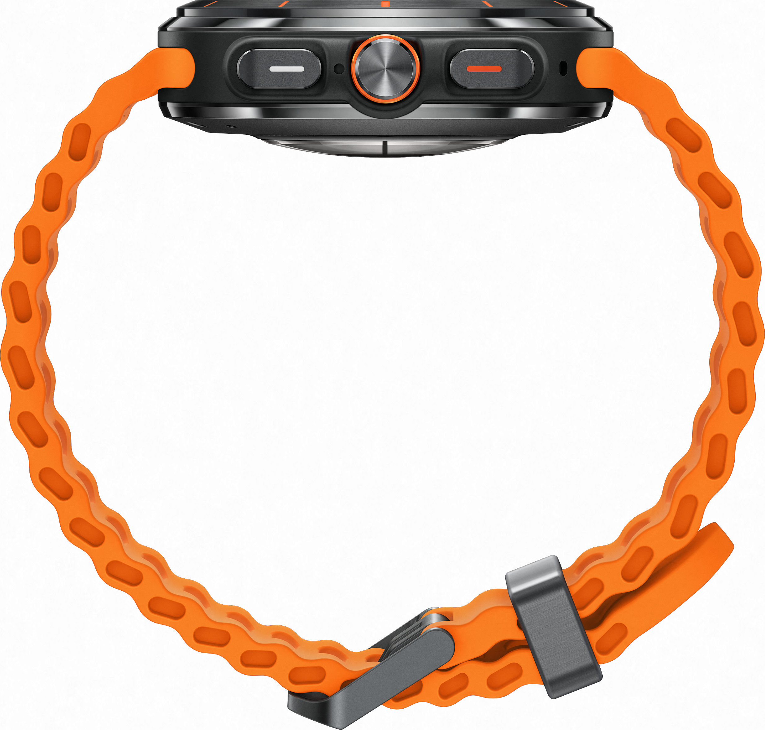 Une montre intelligente avec un bracelet orange est montrée de profil. Le cadran est noir avec des accents oranges.