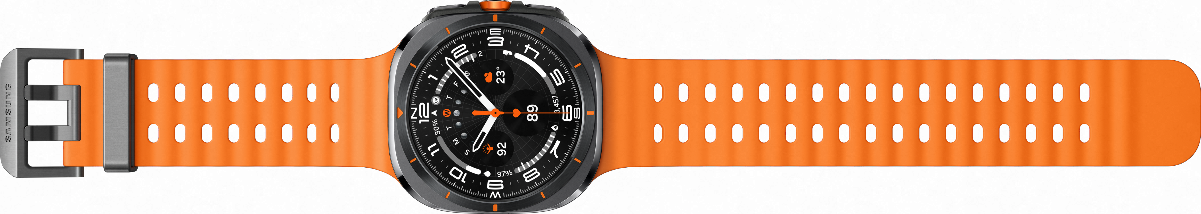 Une montre connectée orange avec cadran noir, bracelet orange et fermoir gris. Affiche l'heure et les fonctions.