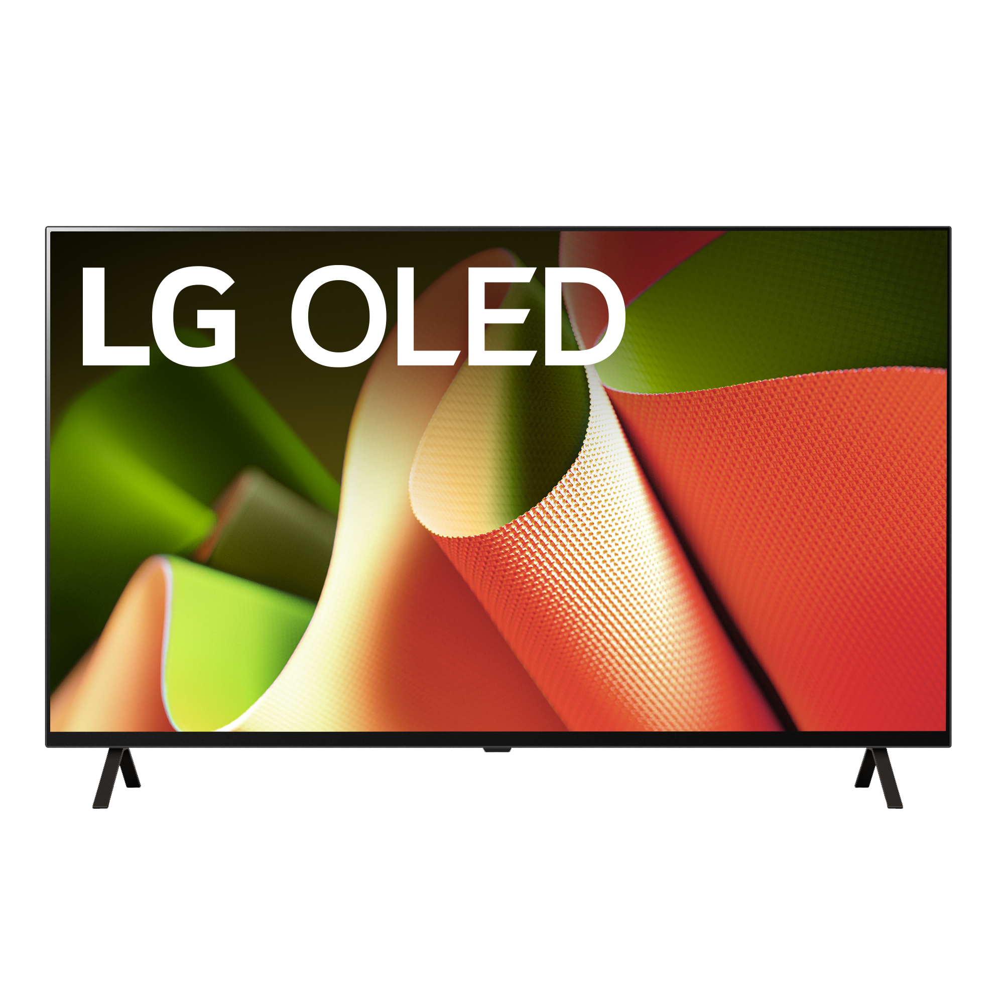 TV LG OLED con fondo abstracto rojo y verde. El TV tiene marco oscuro y soporte. El logo LG OLED es prominente.