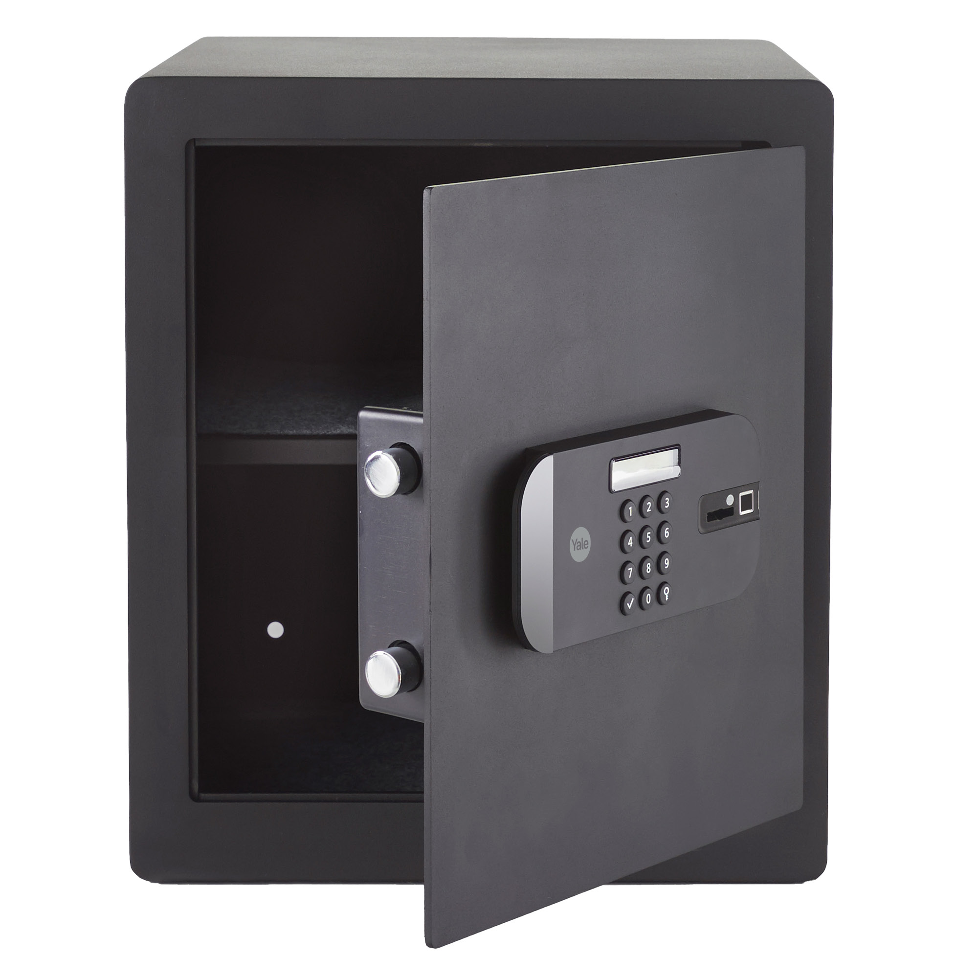 Ein schwarzer Safe mit halb geöffneter Tür. Er hat eine Tastatur und ein Yale-Logo. Der Innenraum ist dunkel.