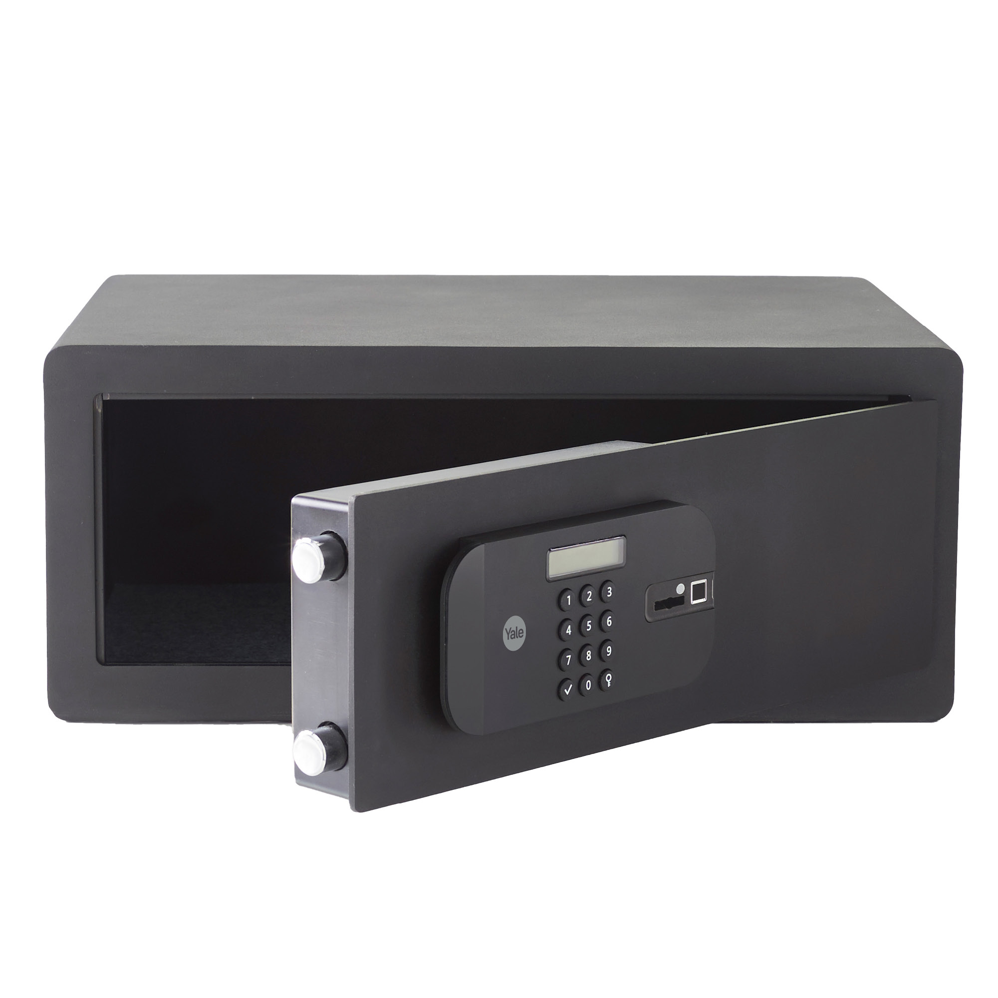 Ein offener schwarzer Safe mit digitaler Tastatur und Fingerabdruckscanner. Der Safe steht vor weißem Hintergrund.