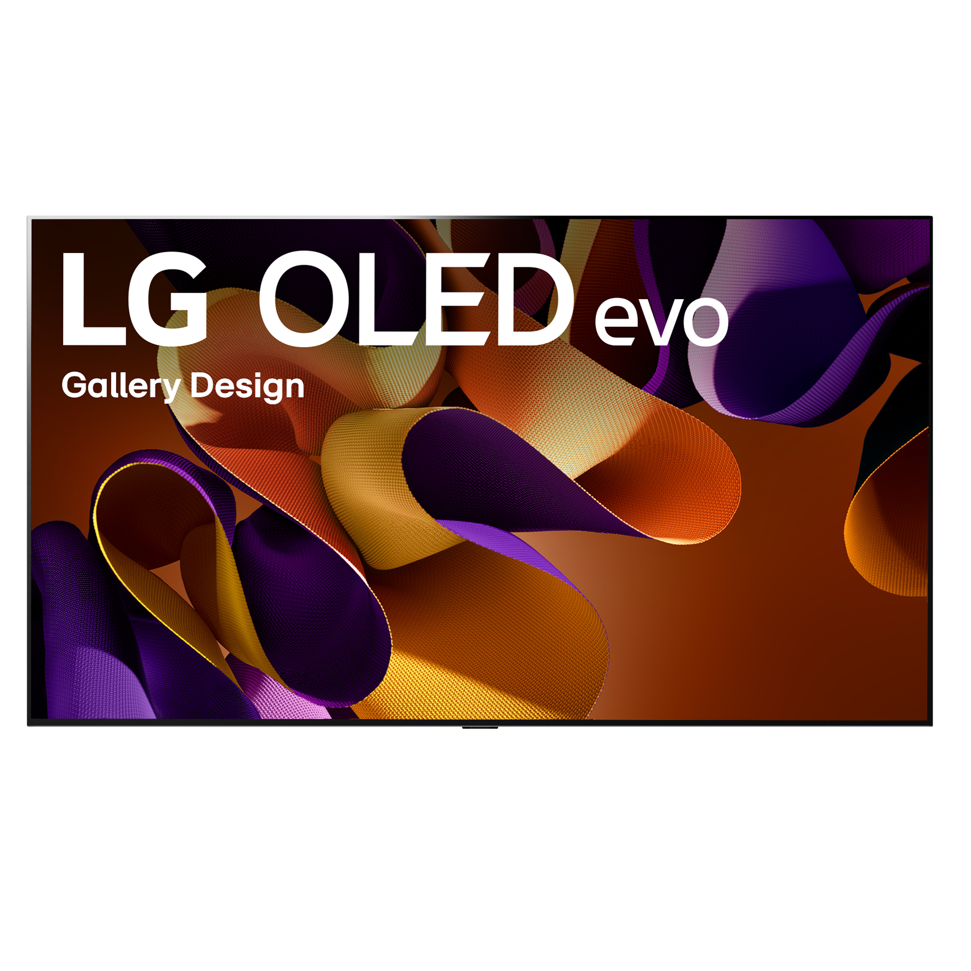 TV LG OLED evo. Diseño Gallery. Fondo abstracto con formas de cinta naranja, morada y amarilla.