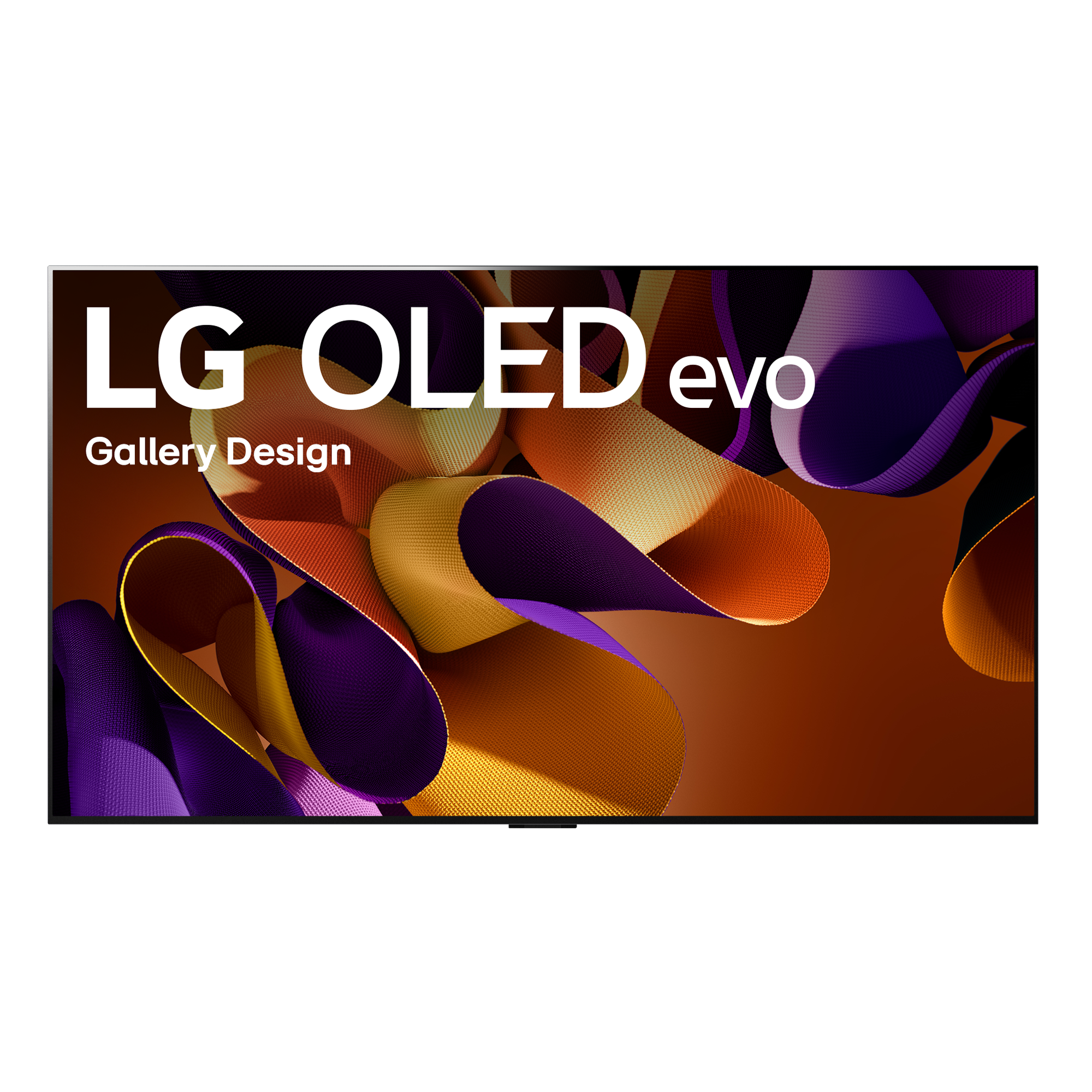 TV LG OLED evo con cintas onduladas naranjas, moradas y amarillas. Texto: LG OLED evo Gallery Design, sobre fondo blanco.
