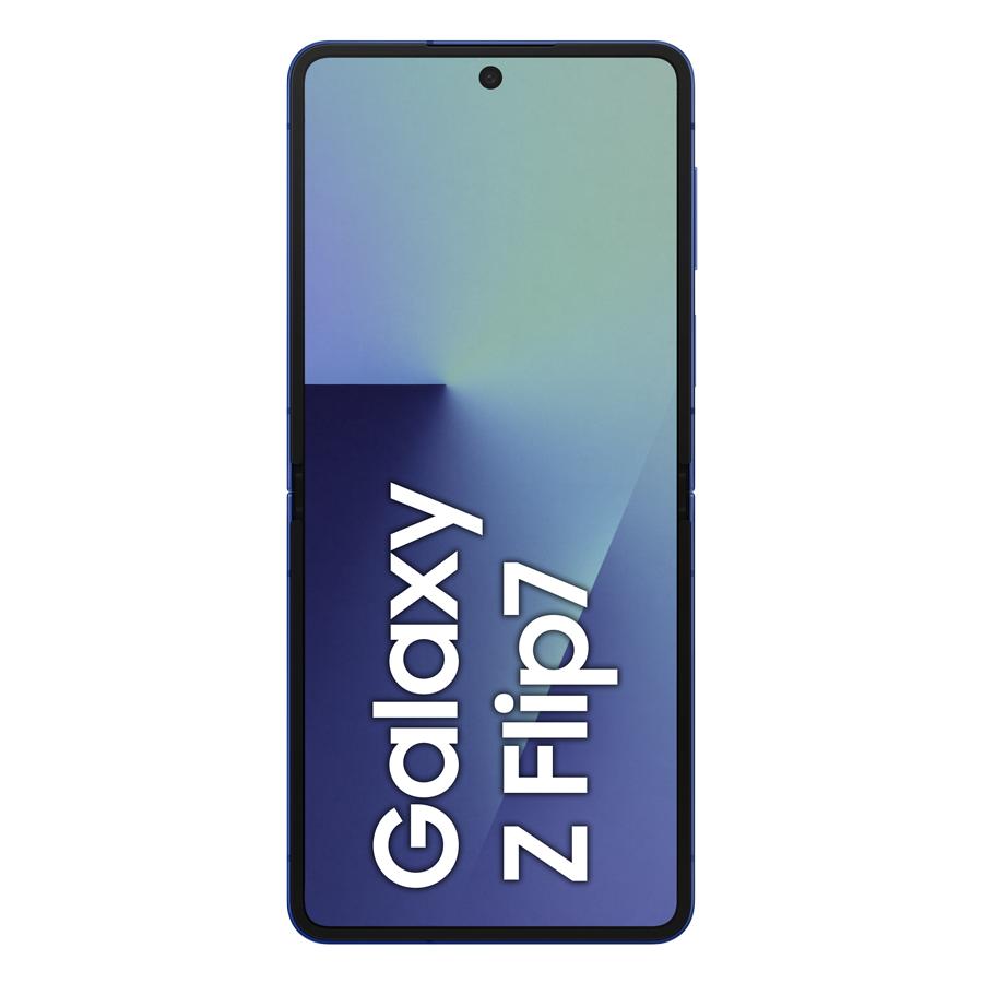 Niebieski telefon Samsung Galaxy Z Flip7. Ekran wyświetla gradient niebieskiego i zielonego. Nazwa telefonu jest napisana pionowo.